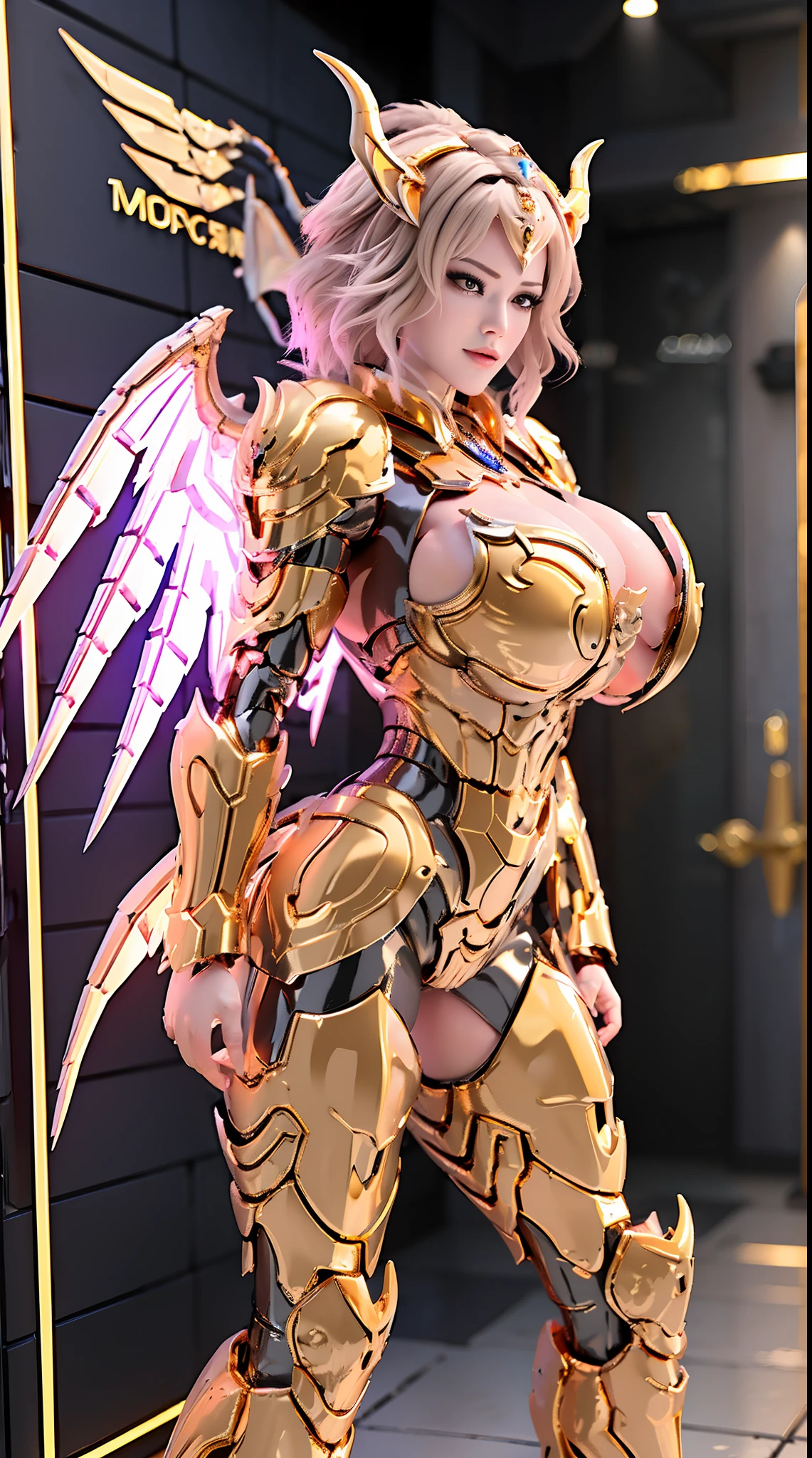 GOLD DRAGON GODDESS, HUGE BOOBS, BATTLE ARMOR SUIT, CLEAVAGE, (A PAIR OF HUGE DRAGON WINGS:1.2), TRANSPARANT, TALL LEGS, STANDING, SEXY BODY, MUSCLE ABS.