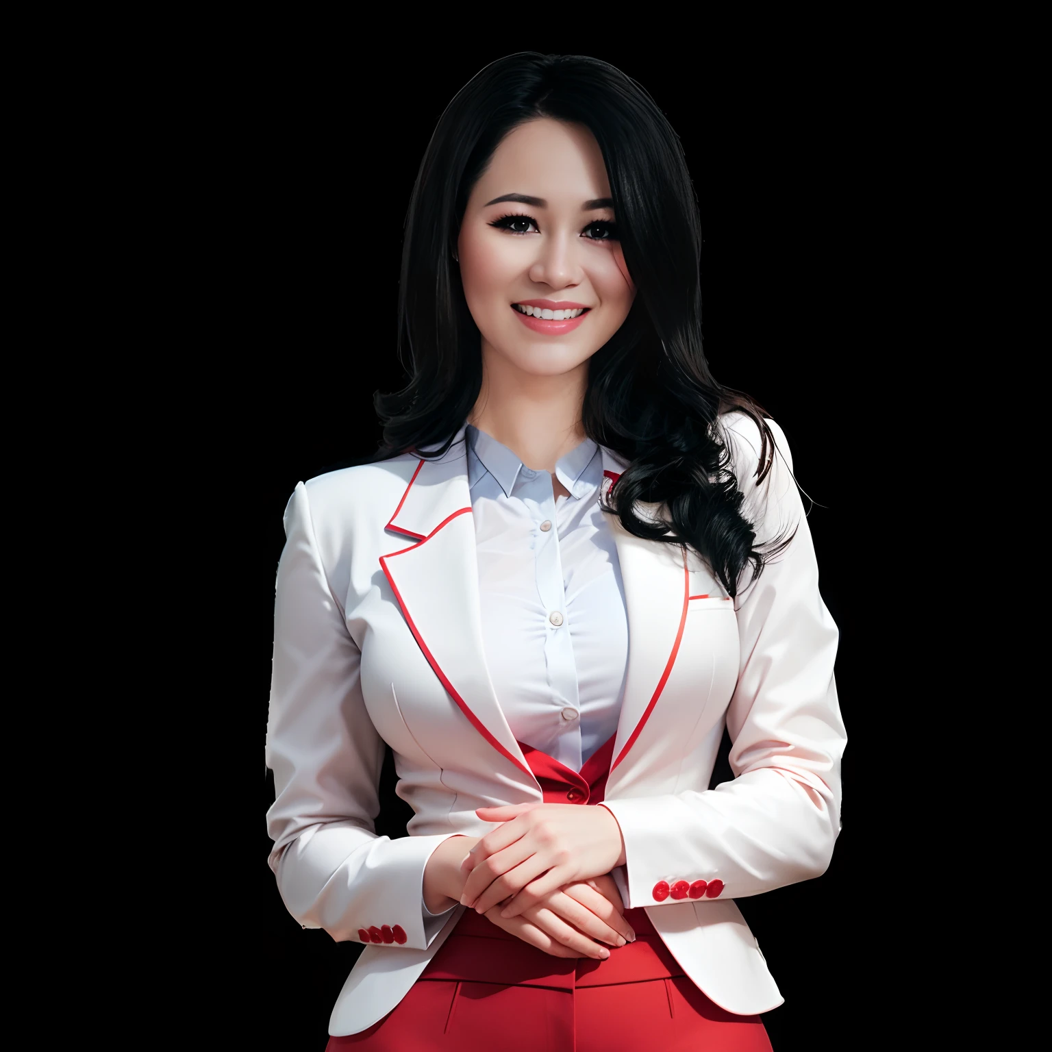 wearing a bright red office suit