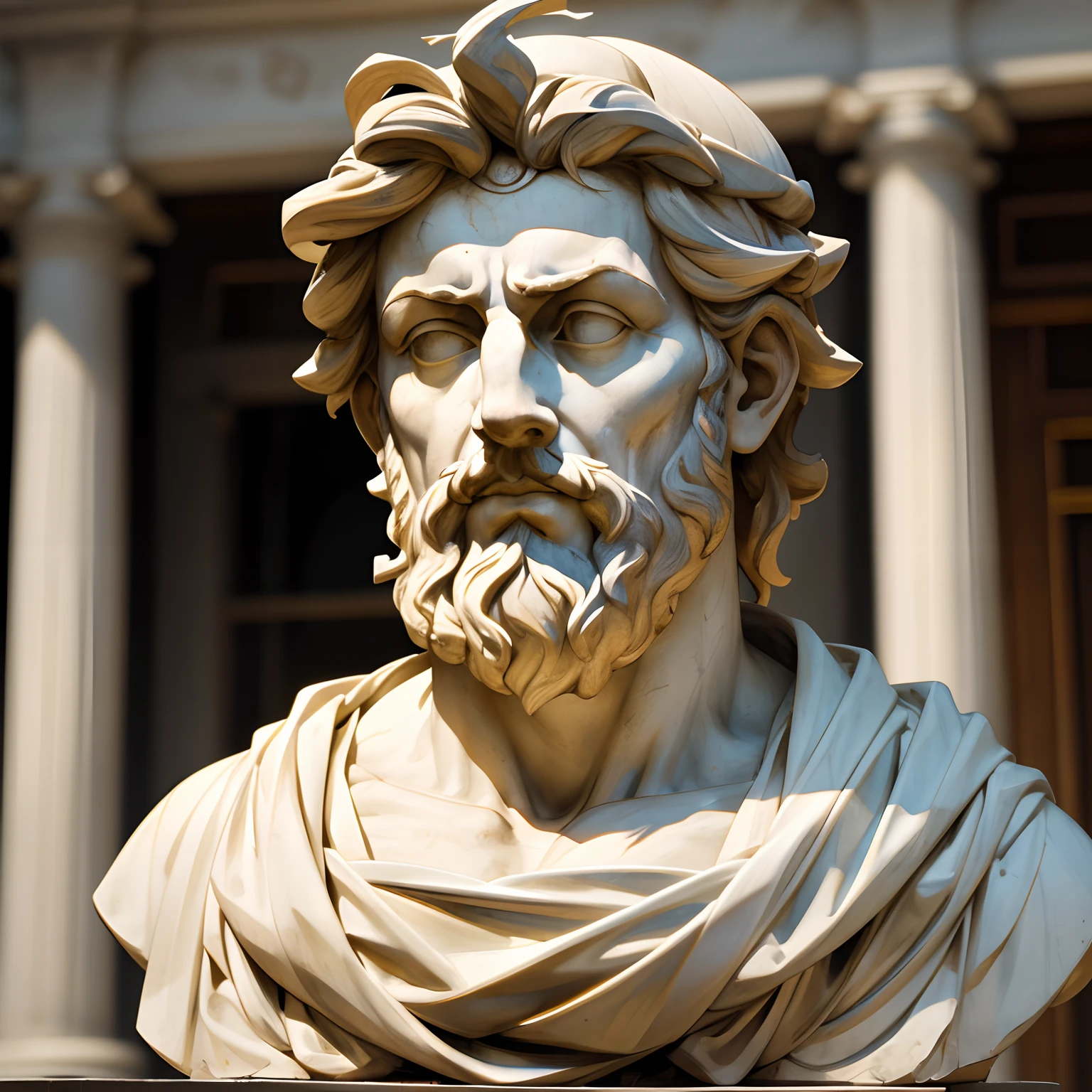 marble statue bust of face Greek philosopher Marcus Aurelius Stoic, fundo escuro, alto contraste de luz e sombra, cinetográfico, fotografia profissional, Ultra realista, blurry background