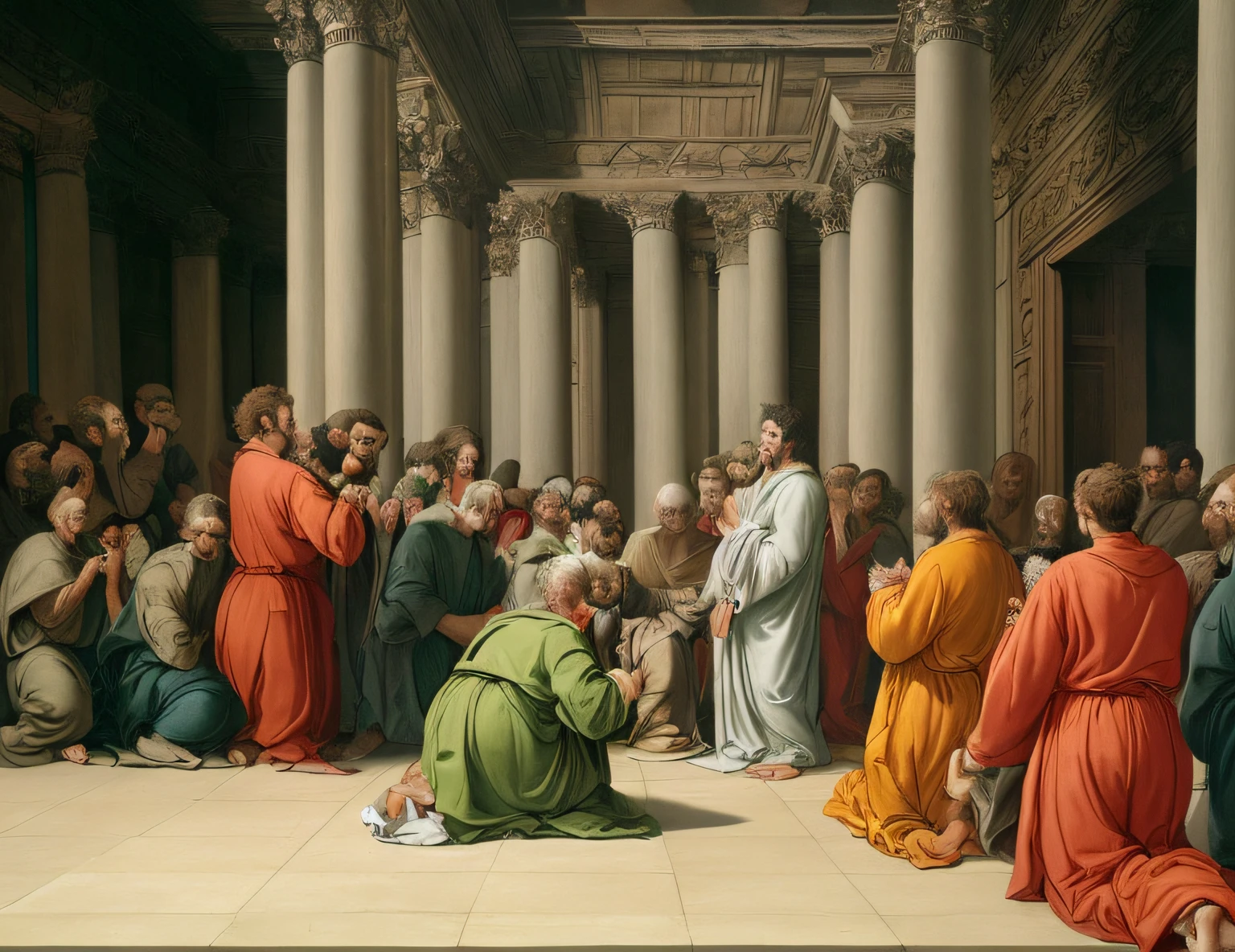 The painting is in Renaissance style and depicts a large temple with columns and arches.. The main focus of the painting is a group of people gathered around a man in a green robe who is gesticulating towards the sky.. People are dressed in colorful robes and some are kneeling in prayer.. There are statues and other architectural details in the background. Los colores de la pintura son ricos y vibrantes