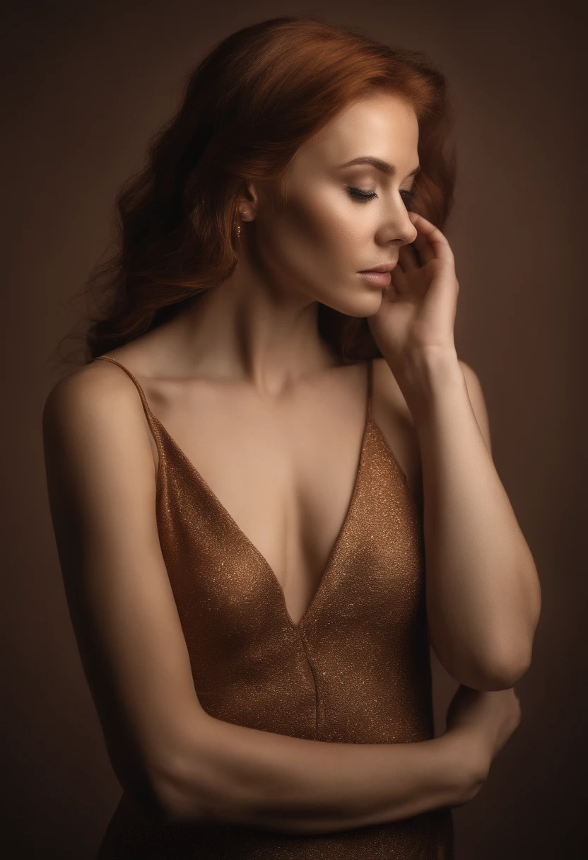 Realistic portrait, young woman, photo session, photographic studio, cinematic lighting, American portrait, vertical, professional camera, nude, detailed image, redhead, soft makeup, high-definition image, ultra-high quality, Enhance skin texture for a natural and lifelike appearance, Add intricate details to the eyes, highlighting iris colors and reflections, Specify the desired level of skin retouching or airbrushing for a flawless yet natural look