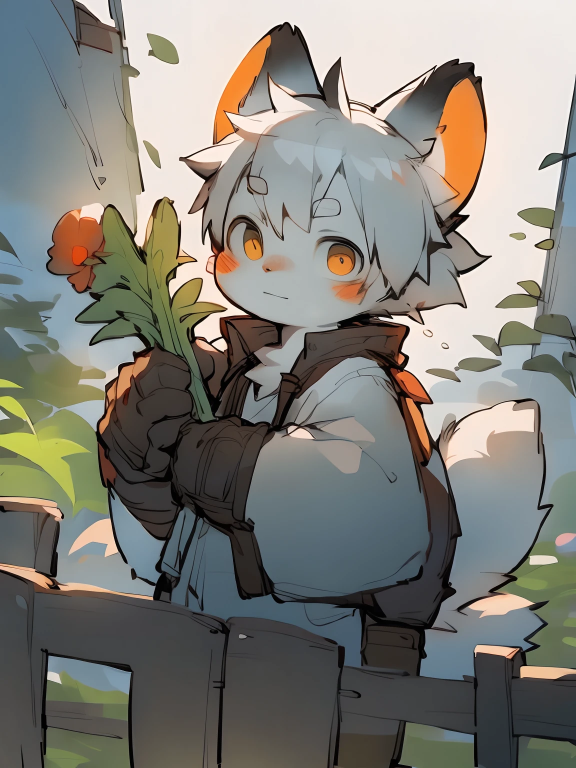 masterpiece, best quality, perfect anatomy, bright eyes, watery eyes, by milkytiger1145, furry, wolf, (felis:0.3), muscular male, solo, clothed, baggy clothing, gloves, holding vegetable, vegetable garden, fence，(by puinkey,by Artista:1.2),(by unrealplace,by kuroisumi,by milkytiger1145,by moki,by emolga 1,by ovopack:1.2),(by cydonia xia:0.8),(by Pino Daeni:0.8),(by hioshiru:0.8),(by chunie:0.8).