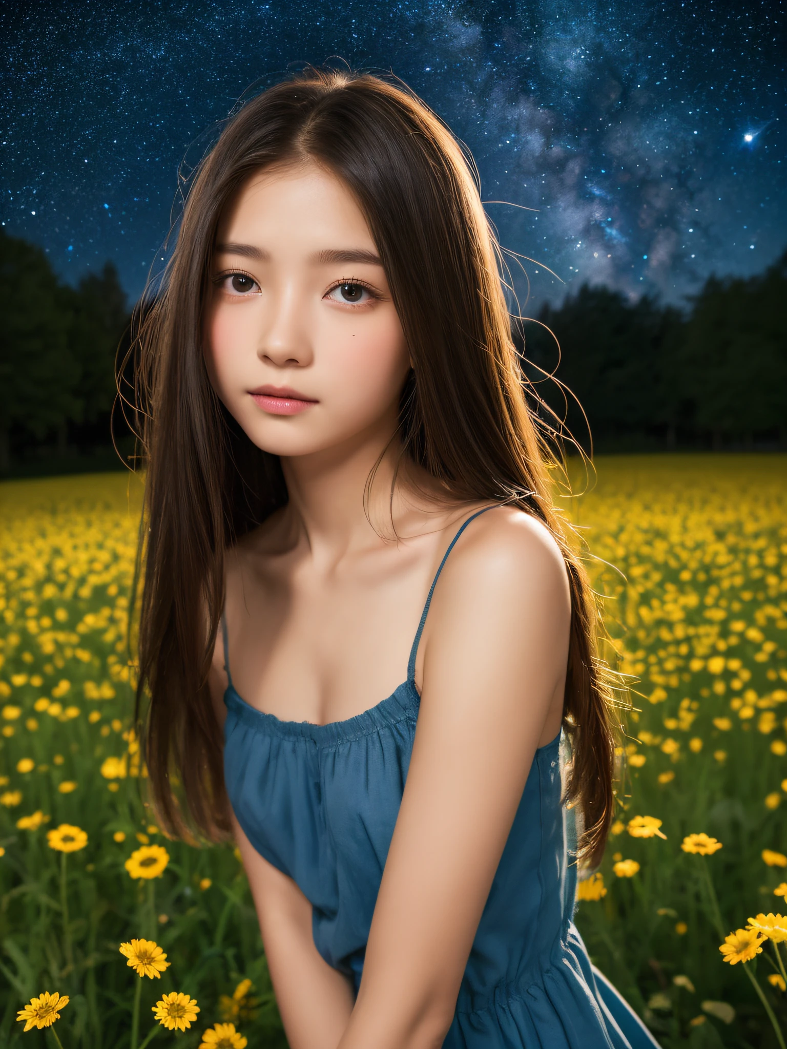 8K、12-year-old beautiful girl, length hair, starryskybackground、detailed beautiful faces、Camisole Dresses, flower  field、Night、Like a scene from a movie、strong breeze