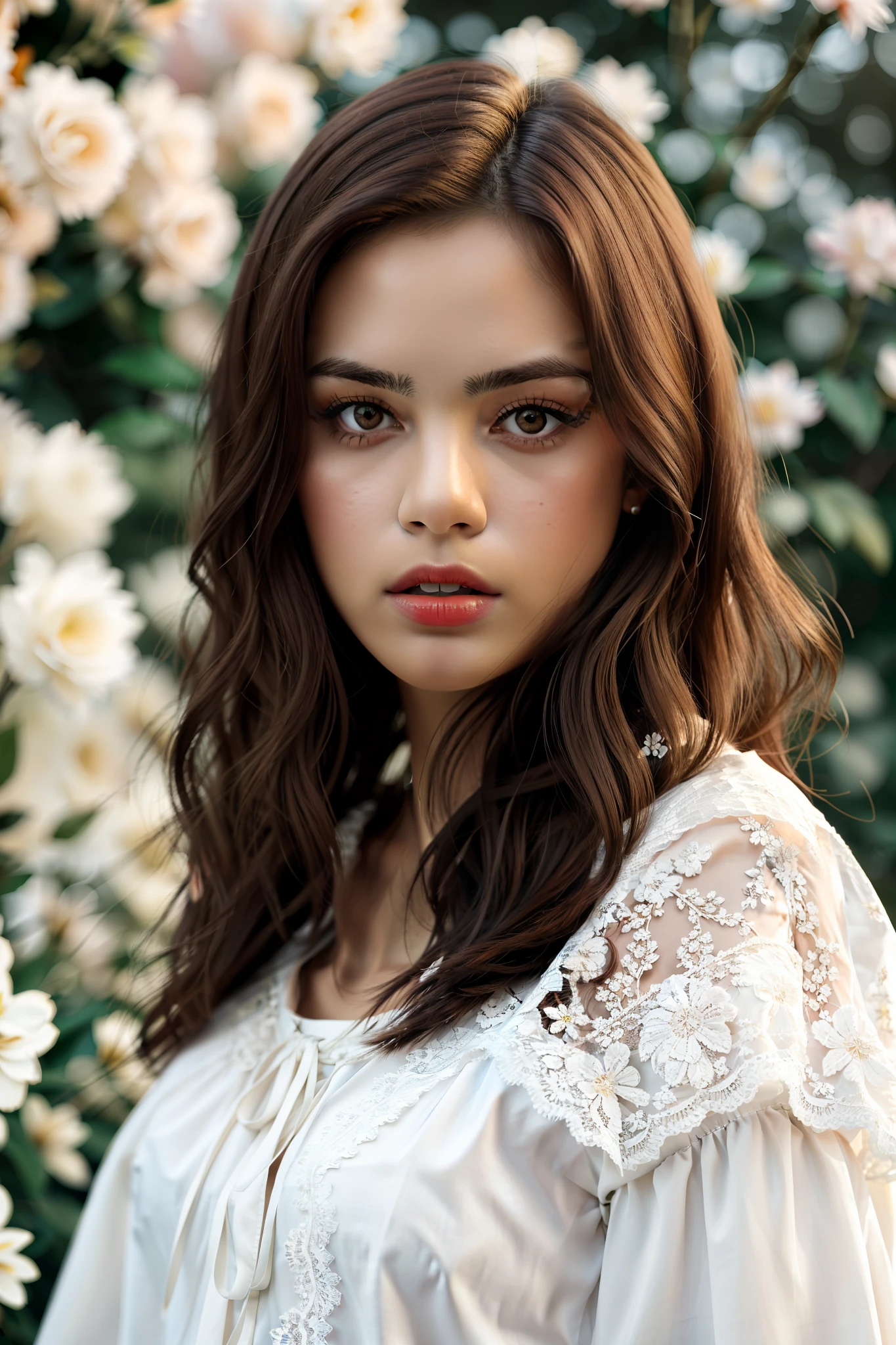 1girl, detailed background filled with (many:1.1) (colorful:1.1) (flowers):1.1, (quality:1.1), (photorealistic:1.1), (resolution:1.1), (sharpness:1.1), (cinematic lighting), depth of field, Canan EOS R6, 135mm, 1/1250s, f/2.8, ISO 400, white cloth with (lace trim:1.3), close-up, portrait, SFW,