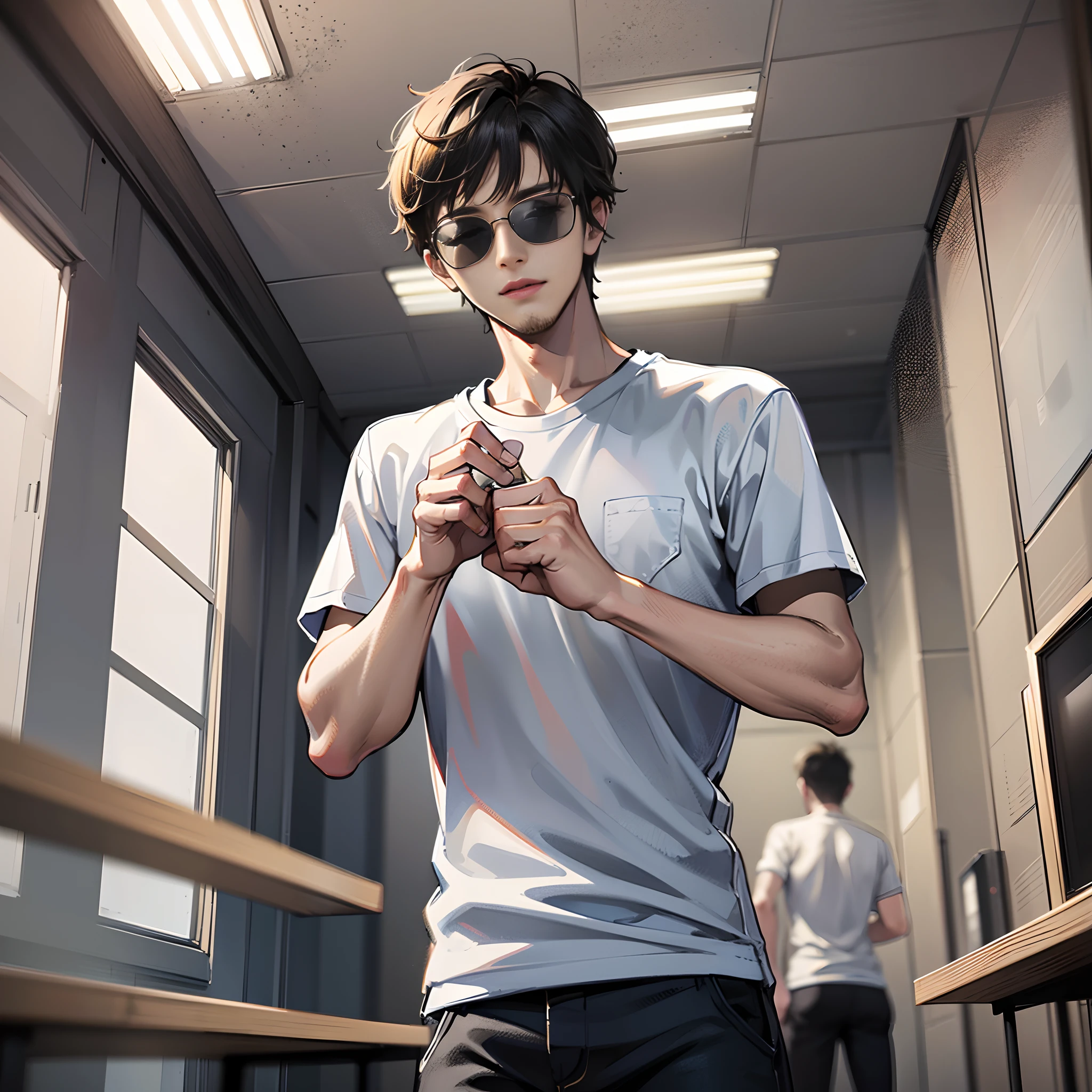 In the conference room, there is a handsome boy standing up, wearing sunglasses, eyes closed, short black hair, white T-shirt with short sleeves, super detailed, 4k, super detailed