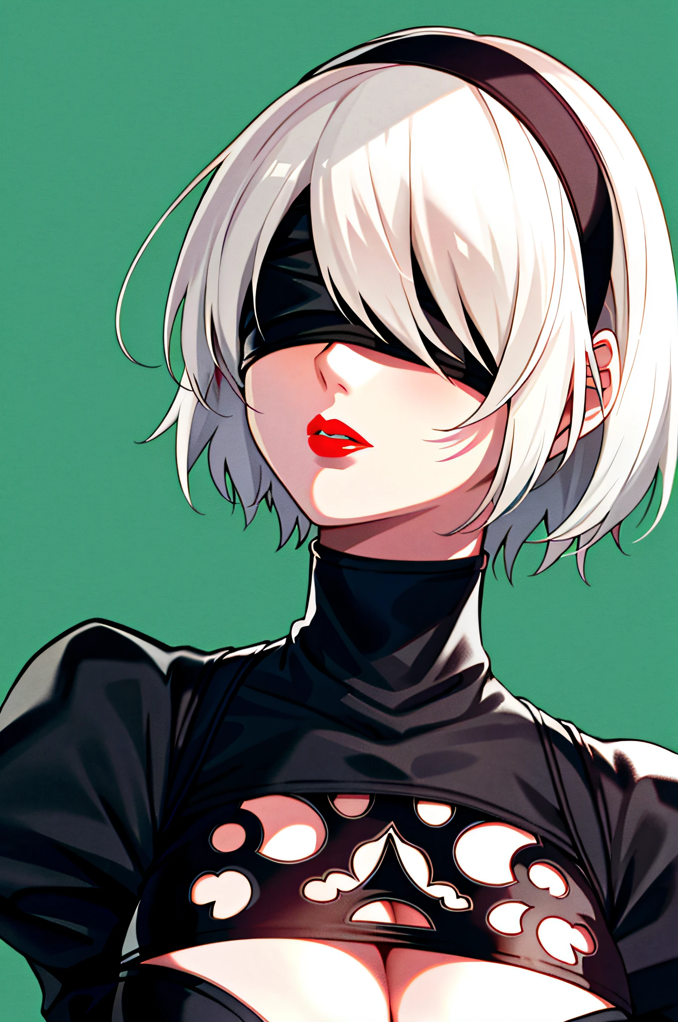 yorha no. 2 type b, 1girl, wlop, (blindfold), breasts, cleavage, cleavage cutout, clothing cutout, green background, hair between eyes, hairband, highres, juliet sleeves, long sleeves, nier (series), nier automata, puffy sleeves, red lips, shaded face, short hair, solo, turtleneck, upper body, white hair, sky