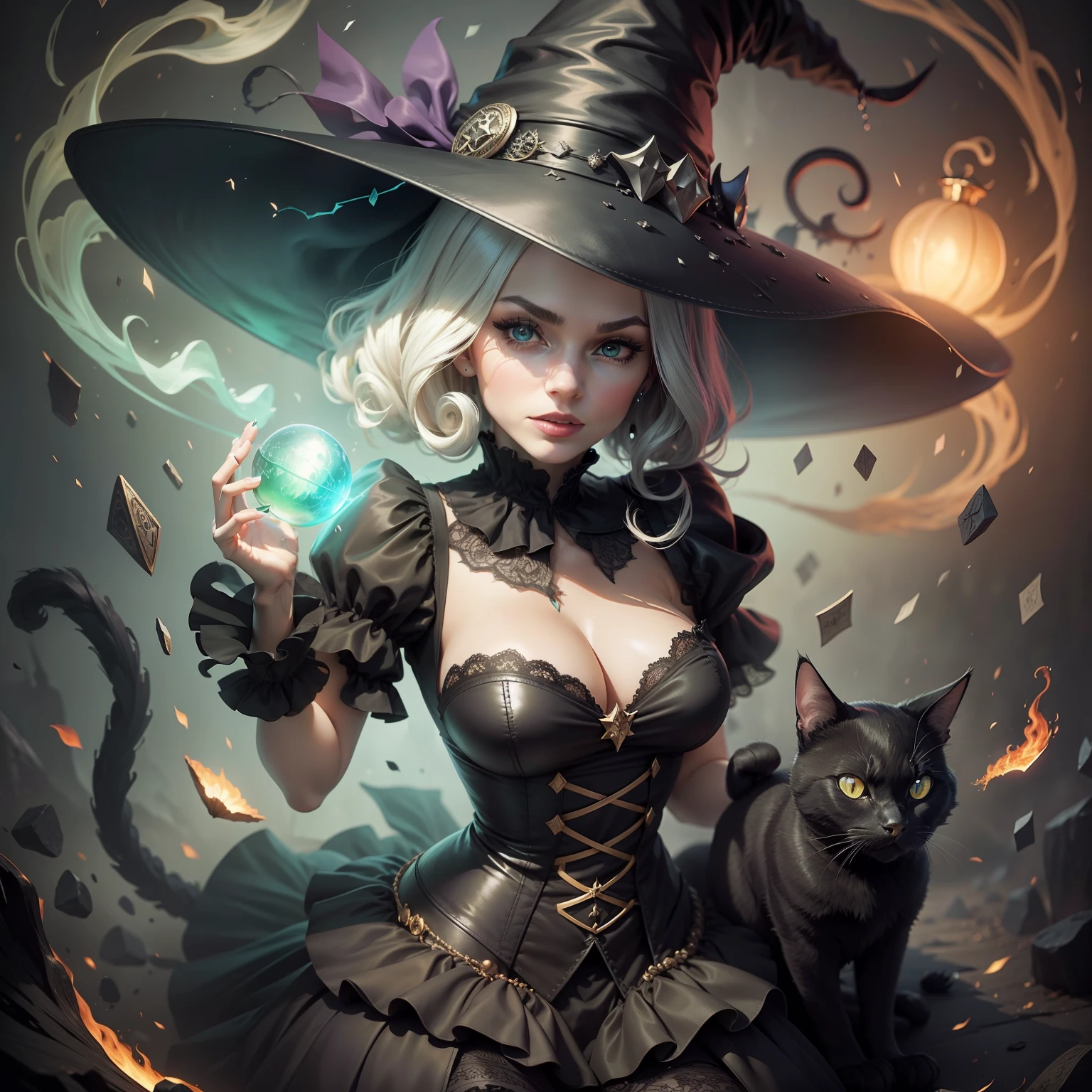 Beautiful Wicked witch,  wearing a big witch hat, black cat, spell a big