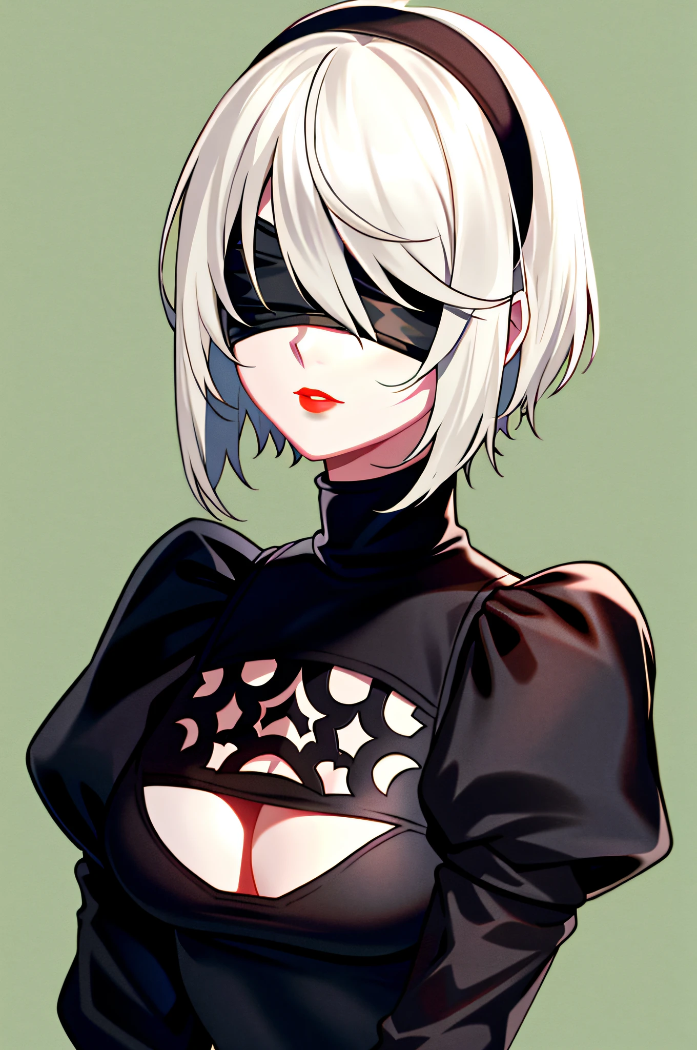 yorha no. 2 type b, 1girl, wlop, (blindfold), breasts, cleavage, cleavage cutout, clothing cutout, green background, hair between eyes, hairband, highres, juliet sleeves, long sleeves, nier (series), nier automata,  puffy sleeves, red lips, shaded face, short hair, solo, turtleneck, upper body, white hair, sky