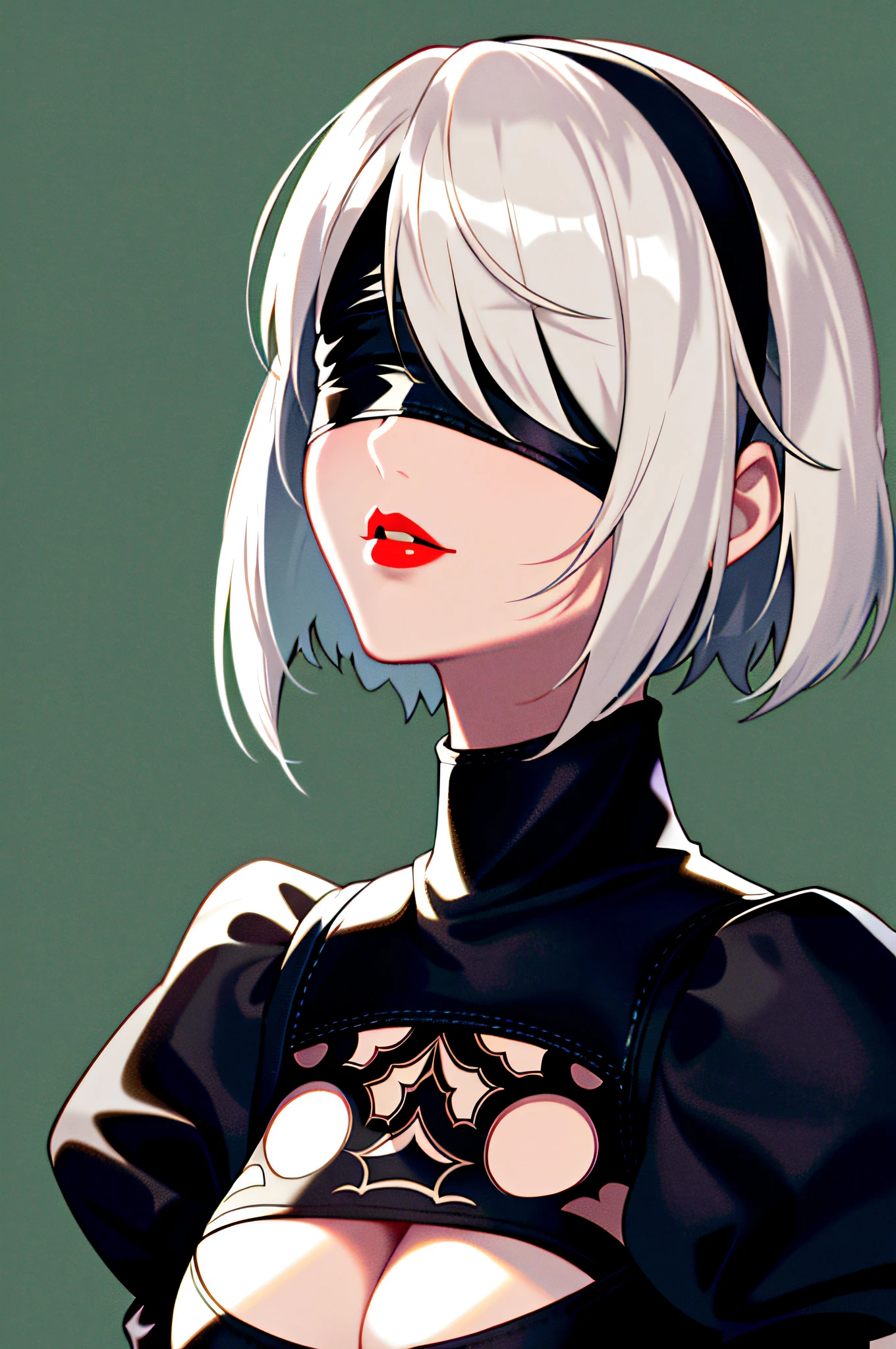 yorha no. 2 type b, 1girl, wlop, (blindfold), breasts, cleavage, cleavage cutout, clothing cutout, green background, hair between eyes, hairband, highres, juliet sleeves, long sleeves, nier (series), nier automata, puffy sleeves, red lips, shaded face, short hair, solo, turtleneck, upper body, white hair, sky