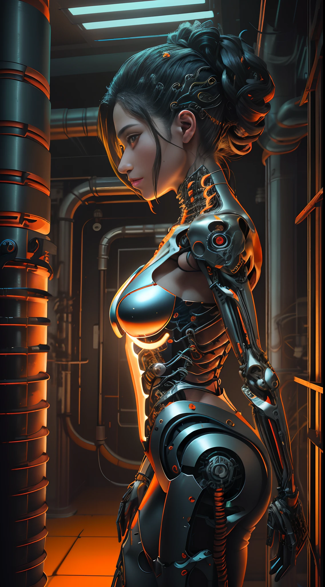 Reelmech, Sirvienta , (((obra maestra))), (((La mejor calidad))), ((ultra detallado)), (Highly detailed CG illustration), ((un extremadamente delicado y hermoso)),(Front view),CinematicLight,((1mechanical girl)),solamente,cuerpo completo,(machine made joints:1.2),((machanical limbs)),(Blood Vessels Attached to Tubes),(mechanical vertebra attaching to the back),((mechanical cervial attaching to neck)),(ojos cerrados),inexpresivo,(alambres y cables que se fijan al cuello:1.2),(alambres y cables en la cabeza:1.2)(enfoque del personaje),(Cara detallada:1.4),Science-Fiction,extremadamente detallado,De color,highest detailed,(laboratorio:1.4),fondo azul:1.4),(Neon lights Orange:1.4), (Luz red dentro del cuerpo), motor irreal:1.4,UHD,La mejor calidad:1.4, (fotorrealista:1.4, textura de la piel:1.4, obra maestra:1.8,