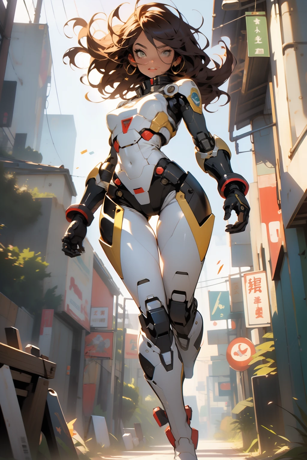 ((Best quality)), ((masterpiece)), (detailed: 1.4), (Absurd), (((full body)), (((woman))), 35-year-old woman, perfect eyes, well defined eyes, Beautiful thin woman, giant robot pilot, wild with perfect body, wearing little clothing, tiny thong, clothing with Japanese graphic patterns, halftone pattern and vertical stripes, yellow gold, coming out of the body of a giant robot, thigh gap, dynamic pose,