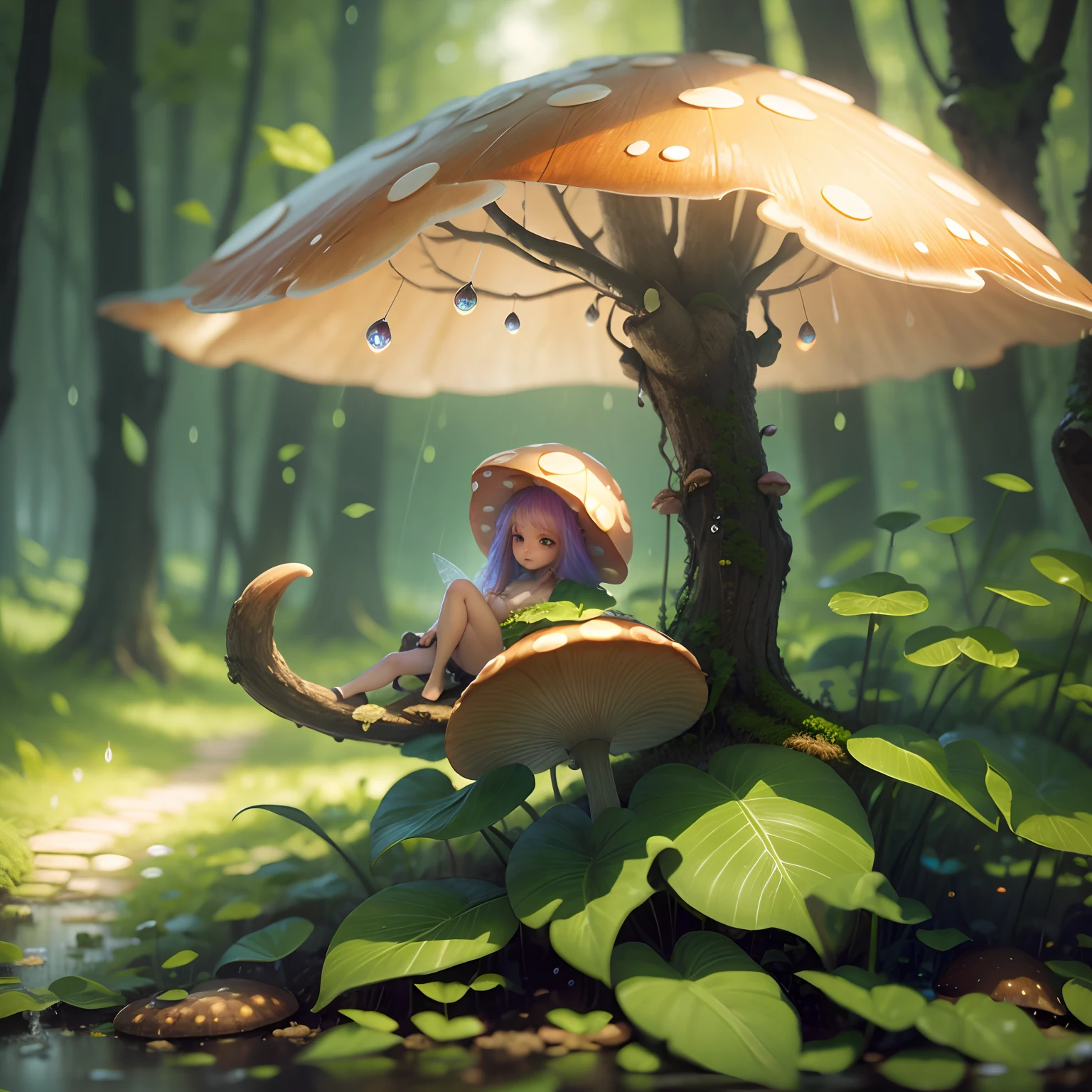 fairy under a mushroom in the rain, 8k photorealistic