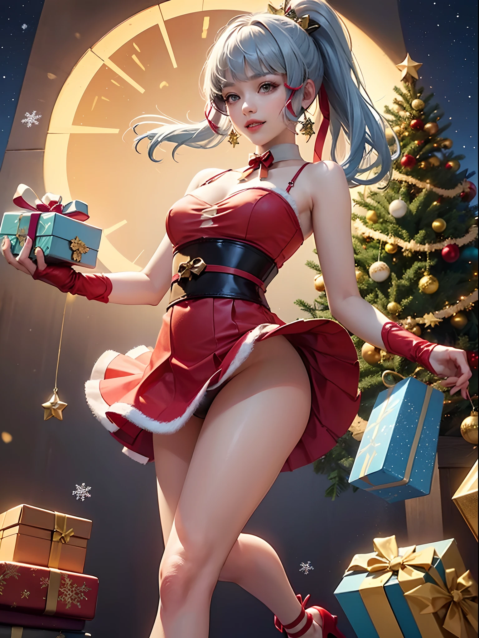 Ayaka,red dress,((see through)), extremely detailed, blonde,(((tiny mini skirt))), ((skirt lift)),(((visible thong))),grinning, yellow eyes, realistic, red heels, (((Christmas))), cleavage, ((Christmas tree, Gifts)), light blue hair