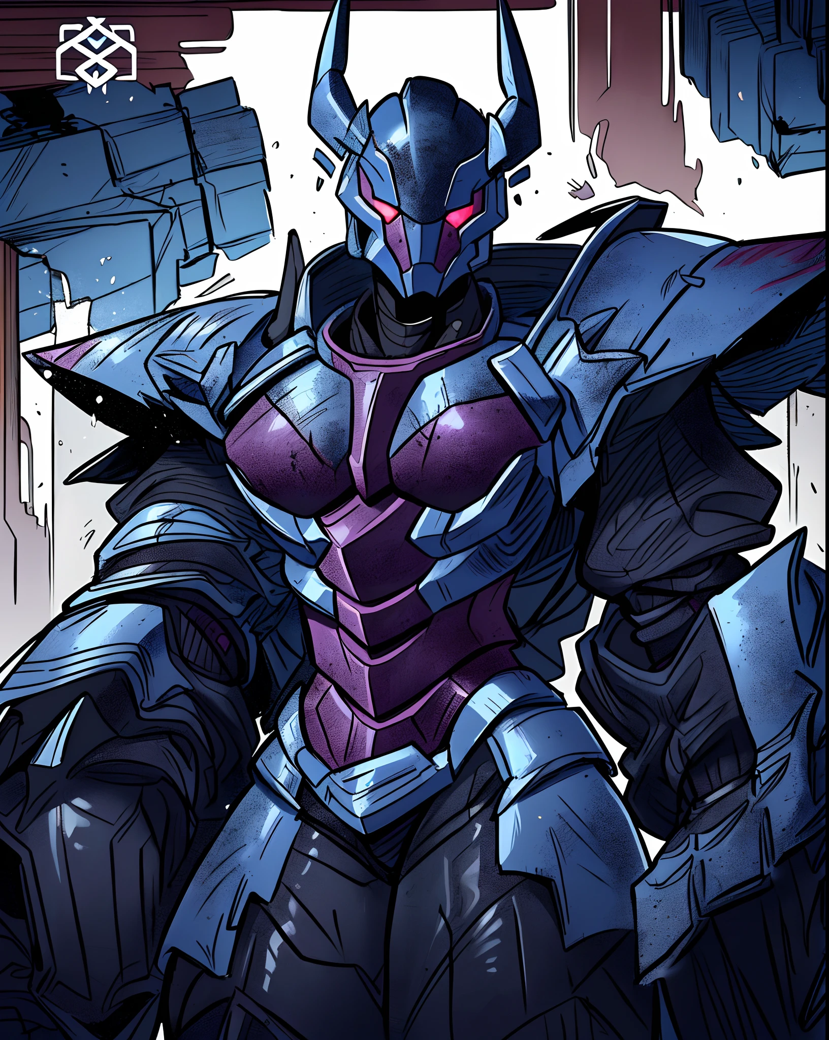 a close up of a mecha in a costume with a sword, guyver style, guyver dark hero, chaos nightmare ❄️ amour venom, berserk skullknight black armor, demon armor, demonic dragon inspired armor, anthropomorphic raven knight, stunning armor, dark armor, sharp black armor, guyver, full samurai armor spiderman, black shiny armor, this robot is in toonish style, sexy muscles