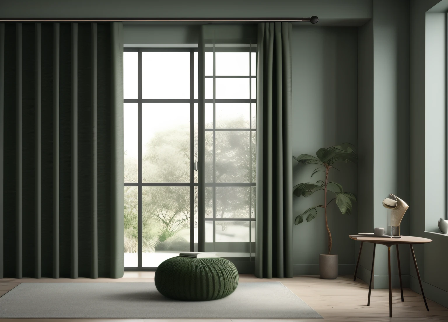 thick curtains, photo, deep green, interior, modern , (side view), (masterpiece),(high quality), best quality, real, (realistic), super detailed, (full detail),(4k),8k