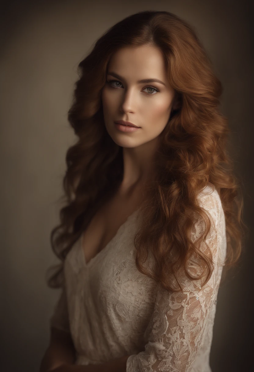Realistic nude portrait, young woman, photo session, photographic studio, cinematic lighting, American portrait, vertical, professional camera, detailed image, redhead, soft makeup, high-definition image, ultra-high quality, Enhance skin texture for a natural and lifelike appearance, Add intricate details to the eyes, highlighting iris colors and reflections, Skin should have a natural look
