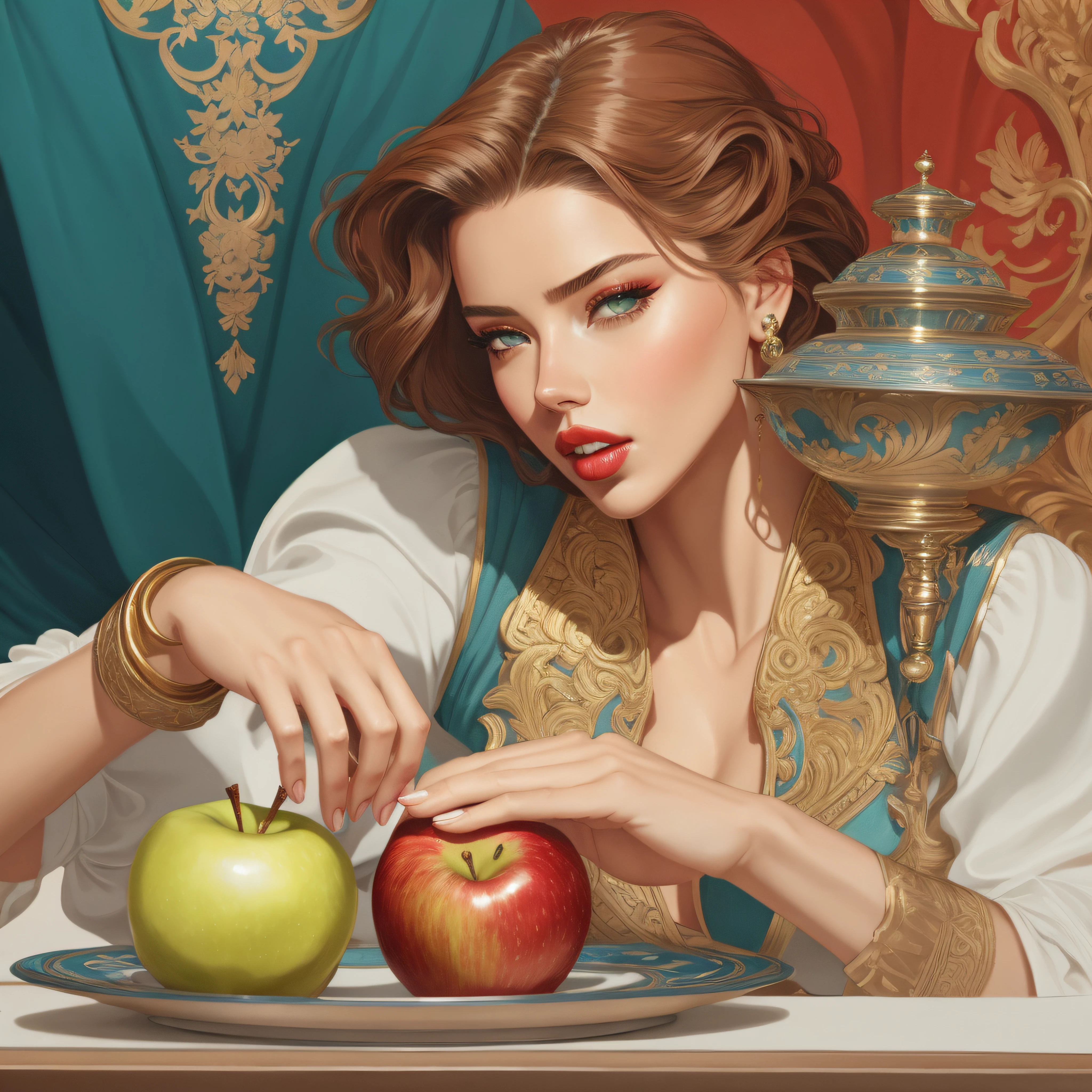 there is a woman (Adriana Lima :1.1) red lips, green eyes that is sitting at a table with an apple, exquisite digital illustration, in style of digital illustration, stunning digital illustration, a beautiful artwork illustration, elegant digital painting, beautiful digital artwork, detailed painting 4 k, realistic fantasy illustration, digital art of an elegant, renaissance digital painting, beautiful digital illustration, in the art style of bowater
