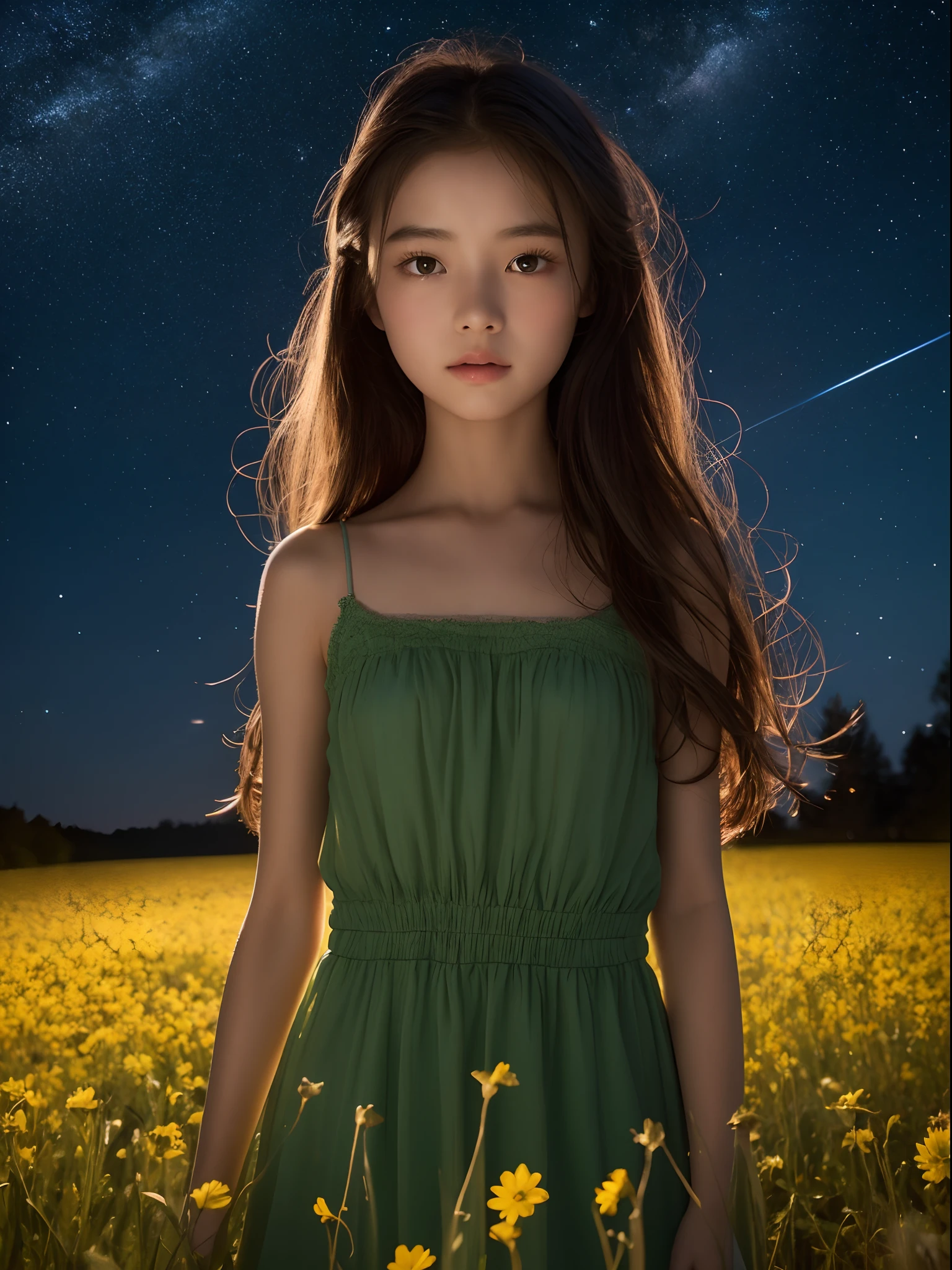 8K、12-year-old beautiful girl, length hair, starryskybackground、detailed beautiful faces、Camisole Dresses, flower  field、Night、Dramatic、Like a scene from a movie