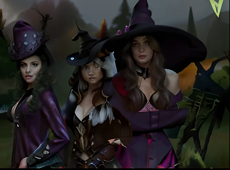 Three women dressed in costumes and hats are standing in a field, Bruxas, O Conselho das Cadelas Assustadoras, wearing a witch's hat, roupas de bruxa, ferred - themed robes and hat, pose de spellcasting, Witchy, vestes escuras de prupla, Dark robes, Scarry mas enfeitiçando, witch hat, wearing black witch hat, Imagem do jogo