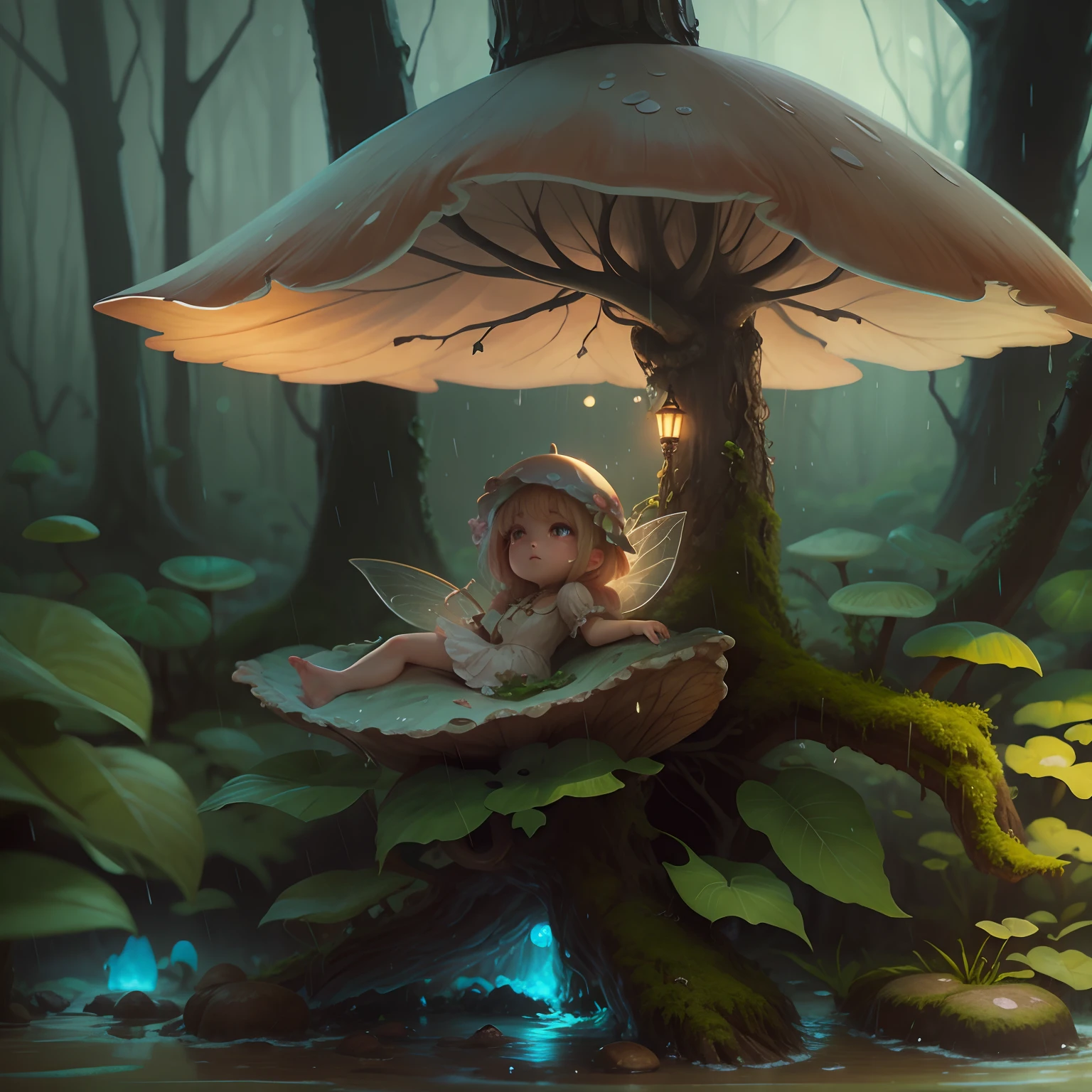 fairy under a mushroom in the rain