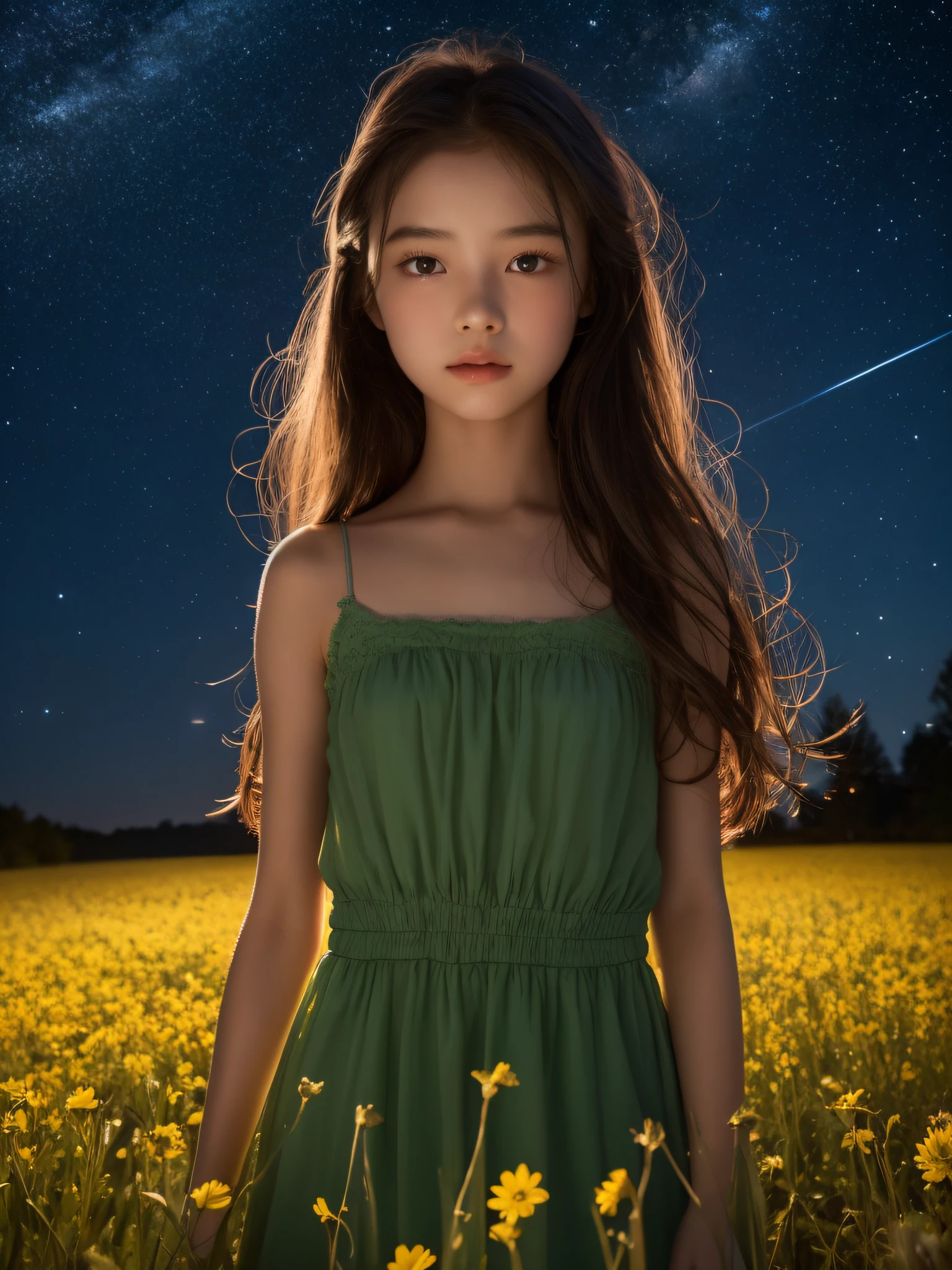 8K、-yeld beiful girl, length hair, starryskybackground、detailed beautiful faces、Camisole Dresses, flower field、Night、Dramatic、Like a scene from a movie