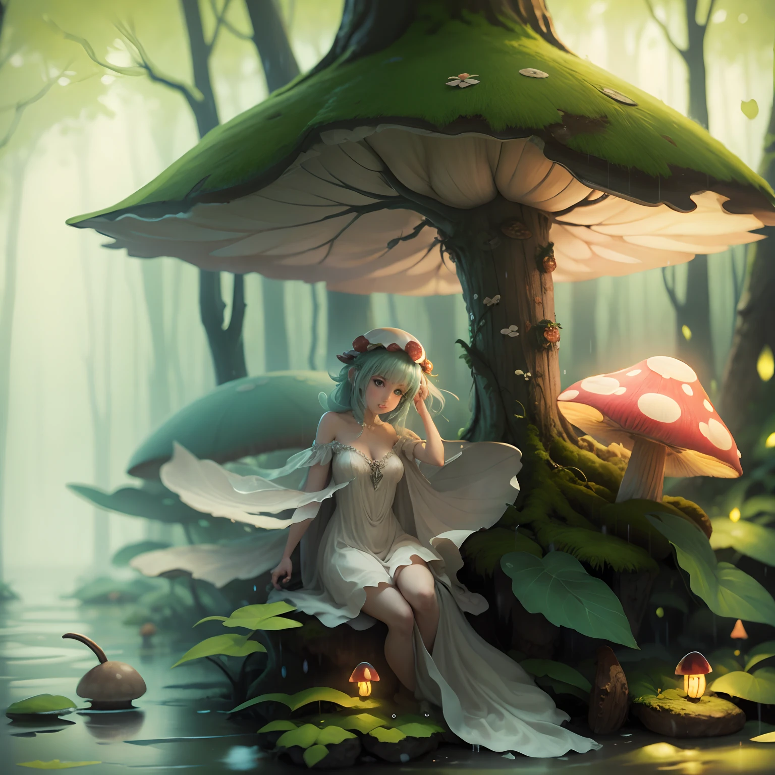 fairy under a mushroom in the rain