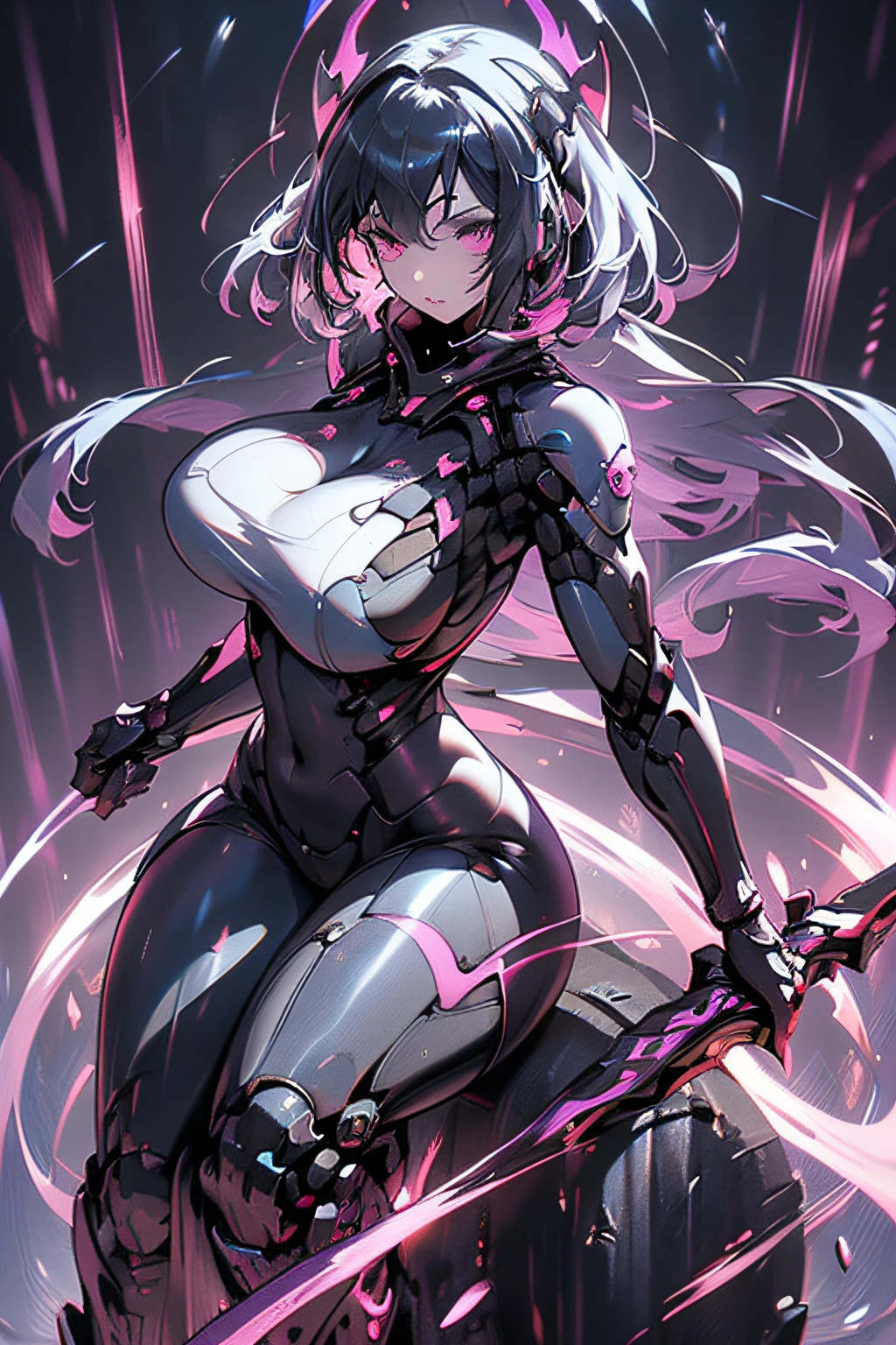 8k_wallpaper, extremely detailed eyes, extremely detailed body, (large masterpiece digital art), (detailed manga illustration), (detailed line art), ((perfect anatomy)), (intricate details:1.3), (ultra-detailed:1.3), (illustration:1.3), (sharp focus:1.3), (natural lighting:1.05), (vivid colors:1.3), (masterpiece), (best quality:1.4), (perfect anatomy:1.4), high quality, expressive eyes, full body, tall girl, detailed face, beautiful face, perfect face, breasts, cleavage, gloves, huge breasts, cyberpunk, (black armor), short hair, ((pale skin)), messy hair, detailed (black hair), detailed eyes, (violet eyes), hourglass physique, bodysuit, thick thighs, toned, emblem, superhero, dynamic lighting, 4k resolution, dynamic pose, weapon, energy weapon