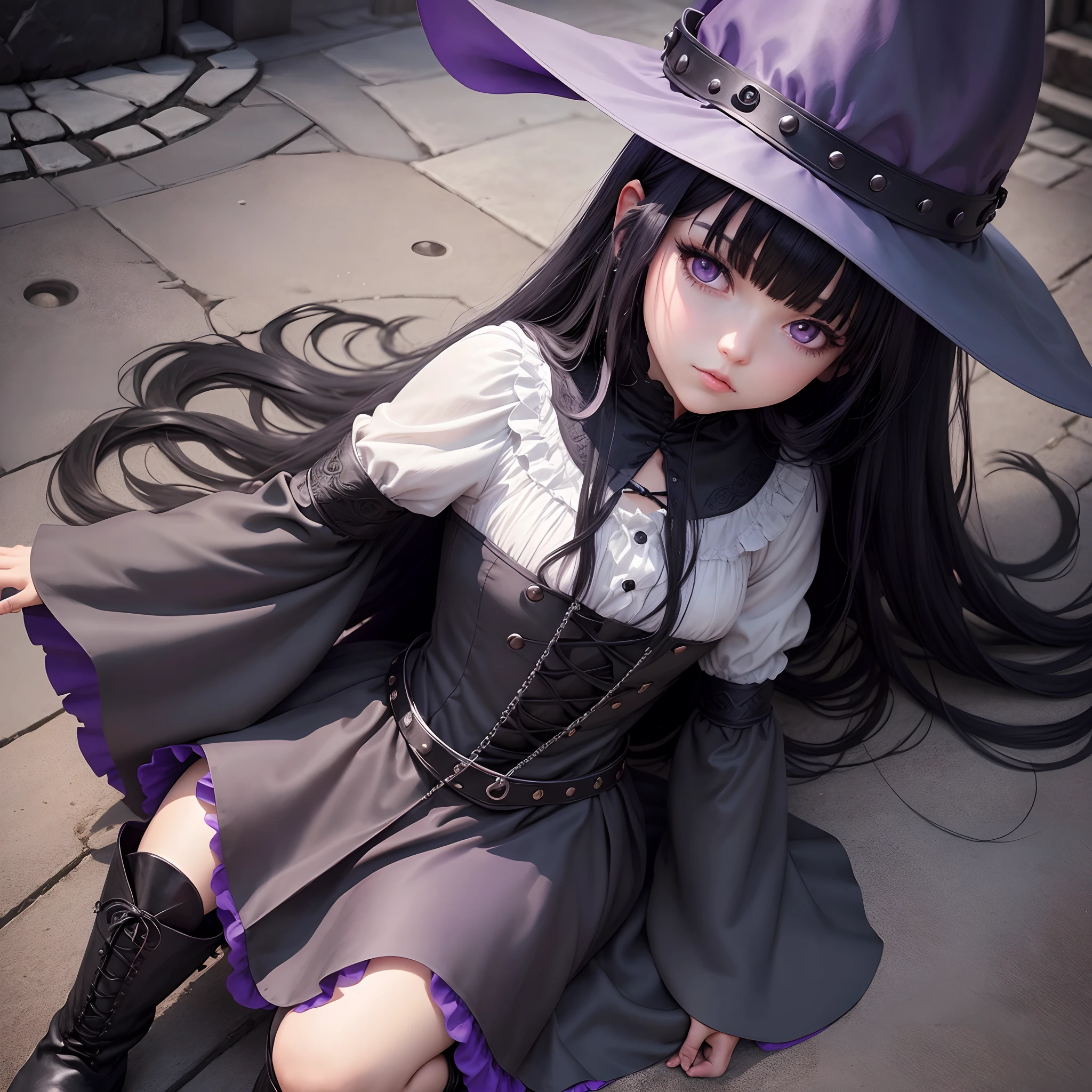 a character litle witch with long black hair and bangs, violet eyes and wearing a silver medieval dress and black boots, different angles, kawai aesthetic