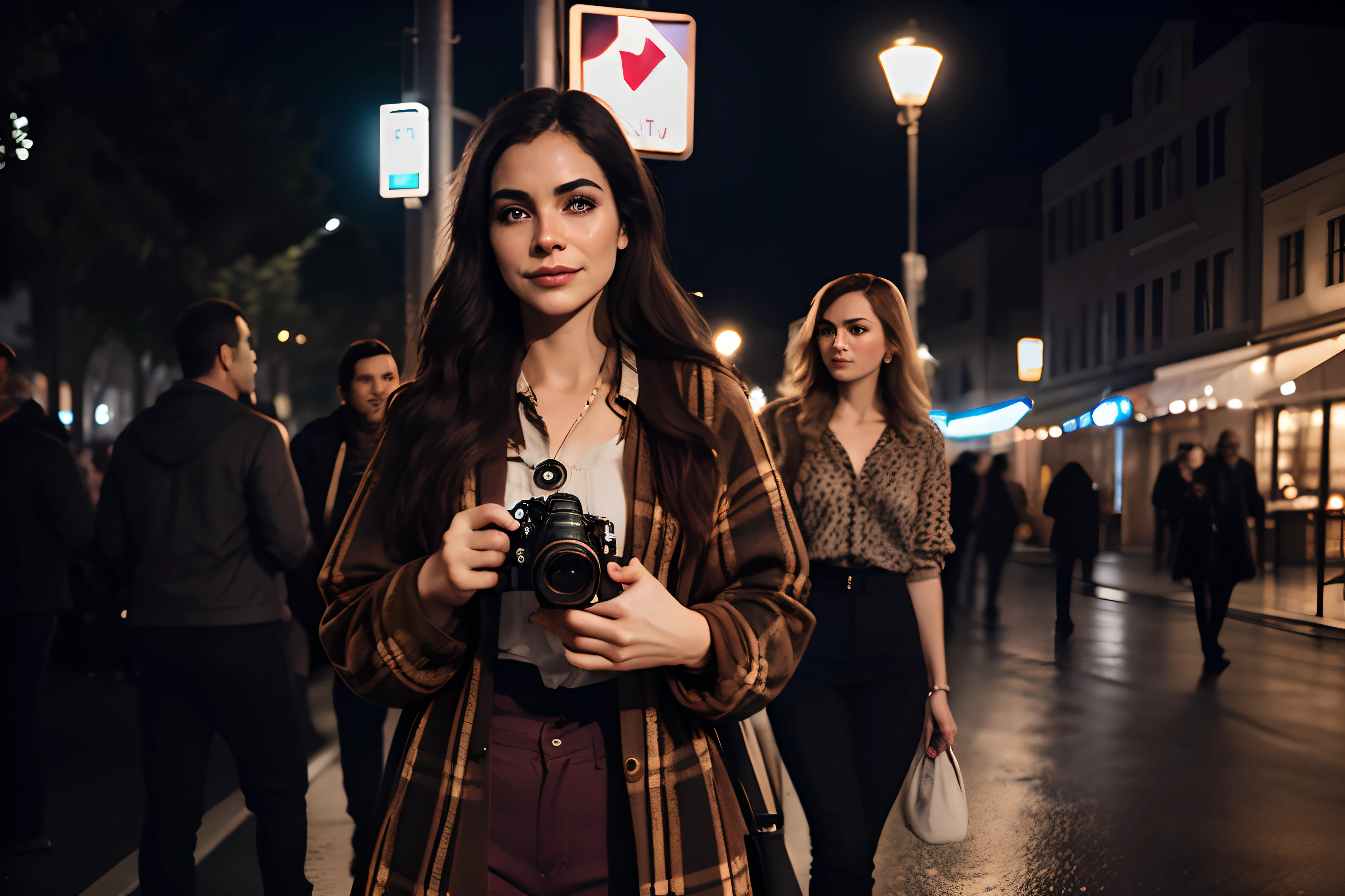 Have her holding a hyper-realistic cannon camera with long lens attached to the front