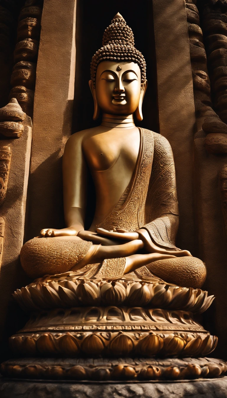 BUDDHA STATUE, stone, Texture, Tall, Majestic, The background is illuminated by sunlight