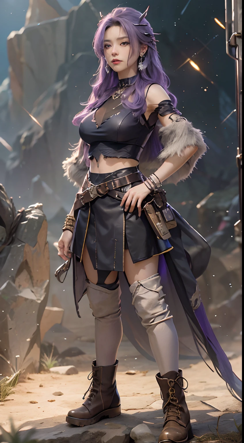Works of masters,Higher quality,high detal,超高分辨率,8K分辨率,depth of fields,first person perspective,solo person,femele,sheik,thick eyebrow,expressiveless,Purple hair big breasts,long whitr hair,hoop earings,bangle,ear studs,choker necklace,Iron thorns,Leather skirt,fur shawl,Combat boots,Facing the viewer,eventide,The cloudy,meteor shower,plateau,canyons,Cinematic lighting,volumettic light,Dusk Law,Brilliant Sunshine Law