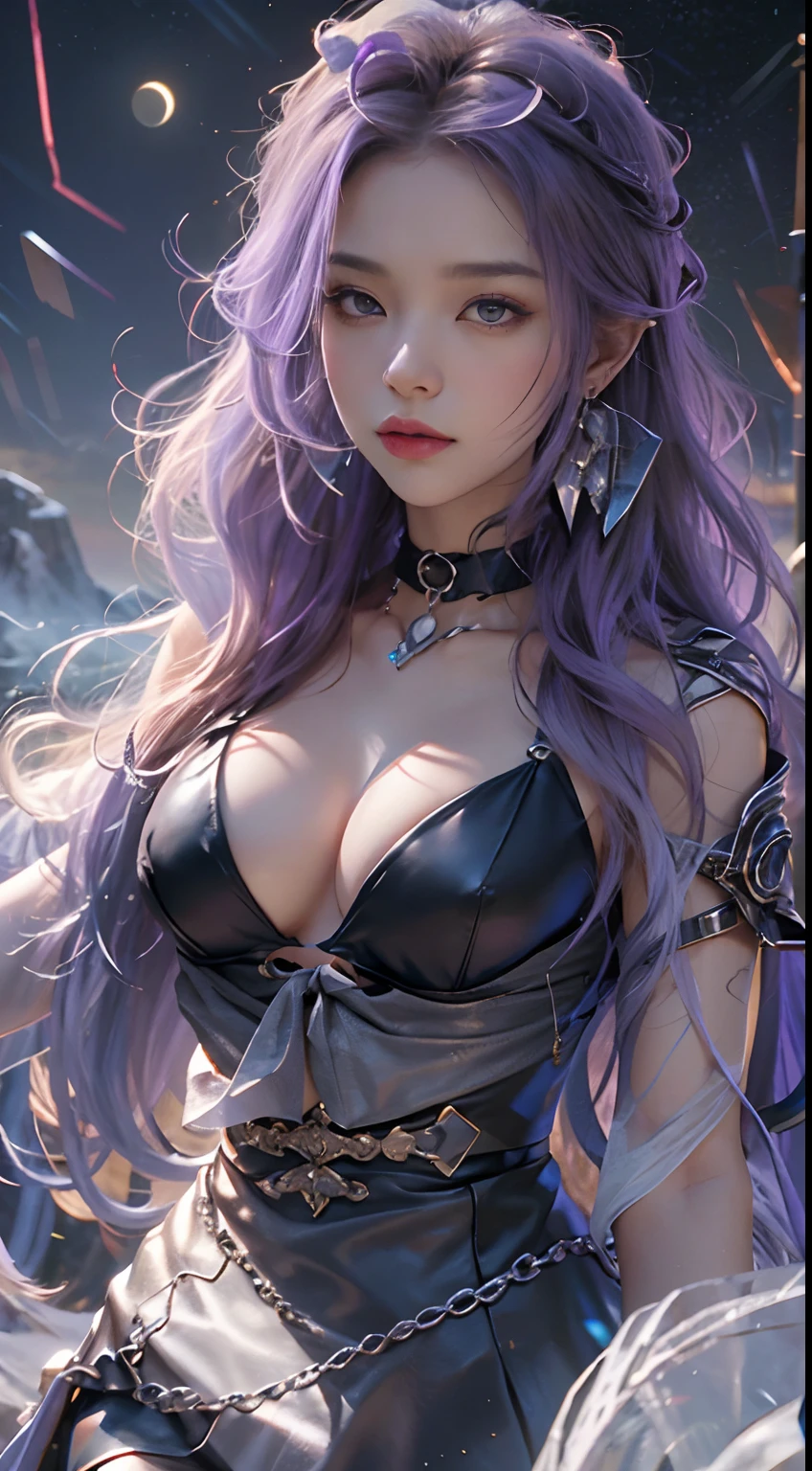 Works of masters，Higher quality，high detal，超高分辨率，8K分辨率，depth of fields，first person perspective，solo person，femele，sheik，thick eyebrow，expressiveless，Purple hair big breasts，long whitr hair，hoop earings，bangle，ear studs，choker necklace，Iron thorns，Leather skirt，fur shawl，Combat boots，Facing the viewer，eventide，The cloudy，meteor shower，plateau，canyons，Cinematic lighting，volumettic light，Dusk Law，Brilliant Sunshine Law