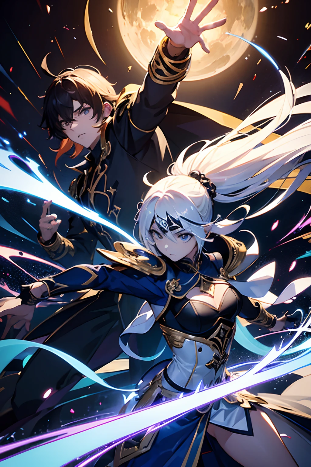 (La mejor calidad,4k,Altas Resoluciones:1.2),vivid colors,anime,action packed,Chica anime,Chico anime,Lucha de espadas atractiva,Espadas enfrentadas,Lucha agresiva,Pausa temporal,eye-catching visuals,emociones expresivas,Caracteres detallados,Paisaje de estilo anime,Energy movements,Poses fuertes,Exciting battle atmosphere,Masterful choreography,Espadas altamente detalladas,Fierce determination,Fast and dynamic action,Expresiones faciales llamativas,Duo full of emotions,Historia apasionante,Finely crafted character designs,Impressive attention to detail,Arte de fondo enriquecido,Impressive lighting effects,Superb fight sequence,Exciting climax,Energetic and passionate fighting choreography,Electrifying energy,Fascinating display of skill,Altamente inmersivo,Aesthetically and visually stunning,Escena inolvidable,giro impredecible de los acontecimientos,Narrativa intensa y cautivadora,Perfect blend of traditional and modern aesthetics,Meticulous attention to costume design,Attractive combination of darkness and vitality