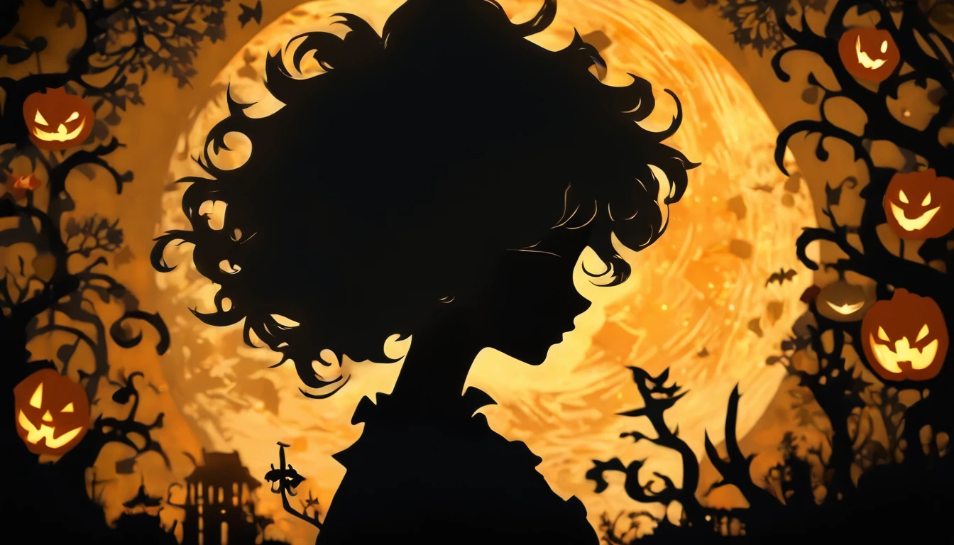 (Silhouette Art,cutouts:1.6)
(((Paper cutting art,A world where only black exists:1.3)

(Cowboy Shot),1 girl,Solo,
(Girl in a witch's hat,profile:1.2),white, Clear and beautiful face,The Moon Behind、Jack-o'-lantern、Bats

break
(Yellow Moon)
Textured glass background,Arcana World