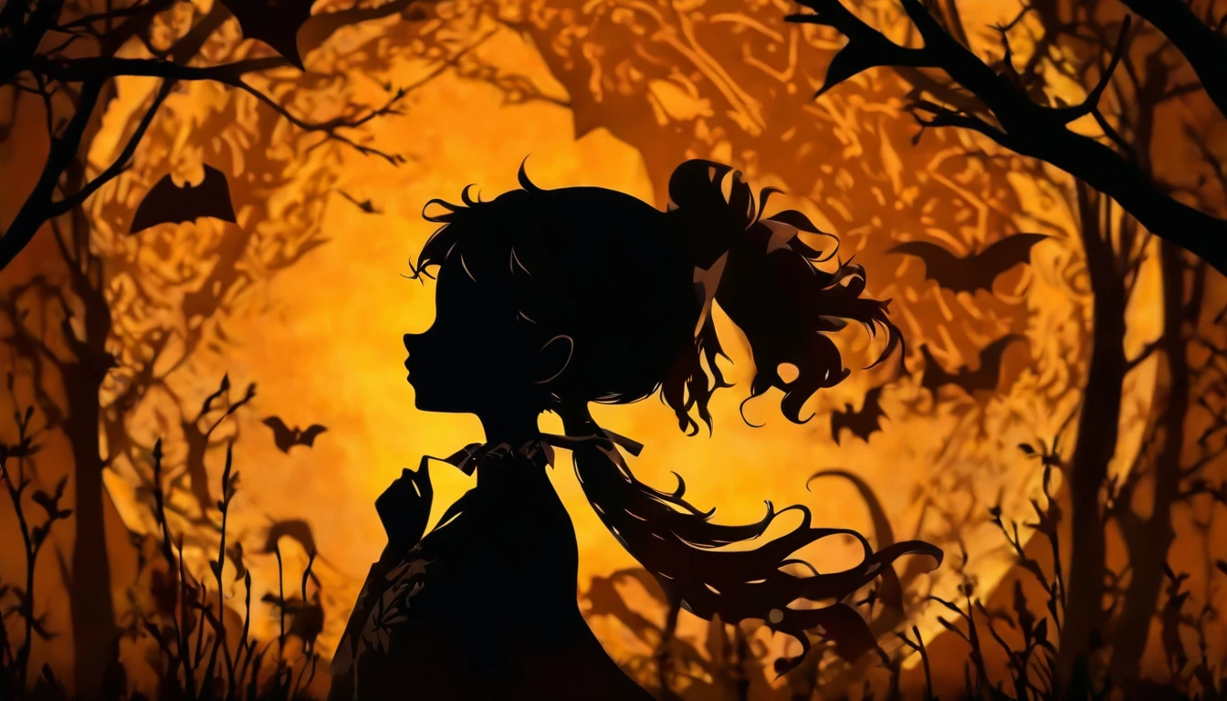 (Silhouette Art,cutouts:1.6)
(((Paper cutting art,A world where only black exists:1.3)
(Cowboy Shot),1 girl,Solo,
(Girl in a witch's hat,profile:1.2),white, Clear and beautiful face,The Moon Behind、Jack-o'-lantern、Bats
break
(Yellow Moon)
Textured glass background,Arcana World