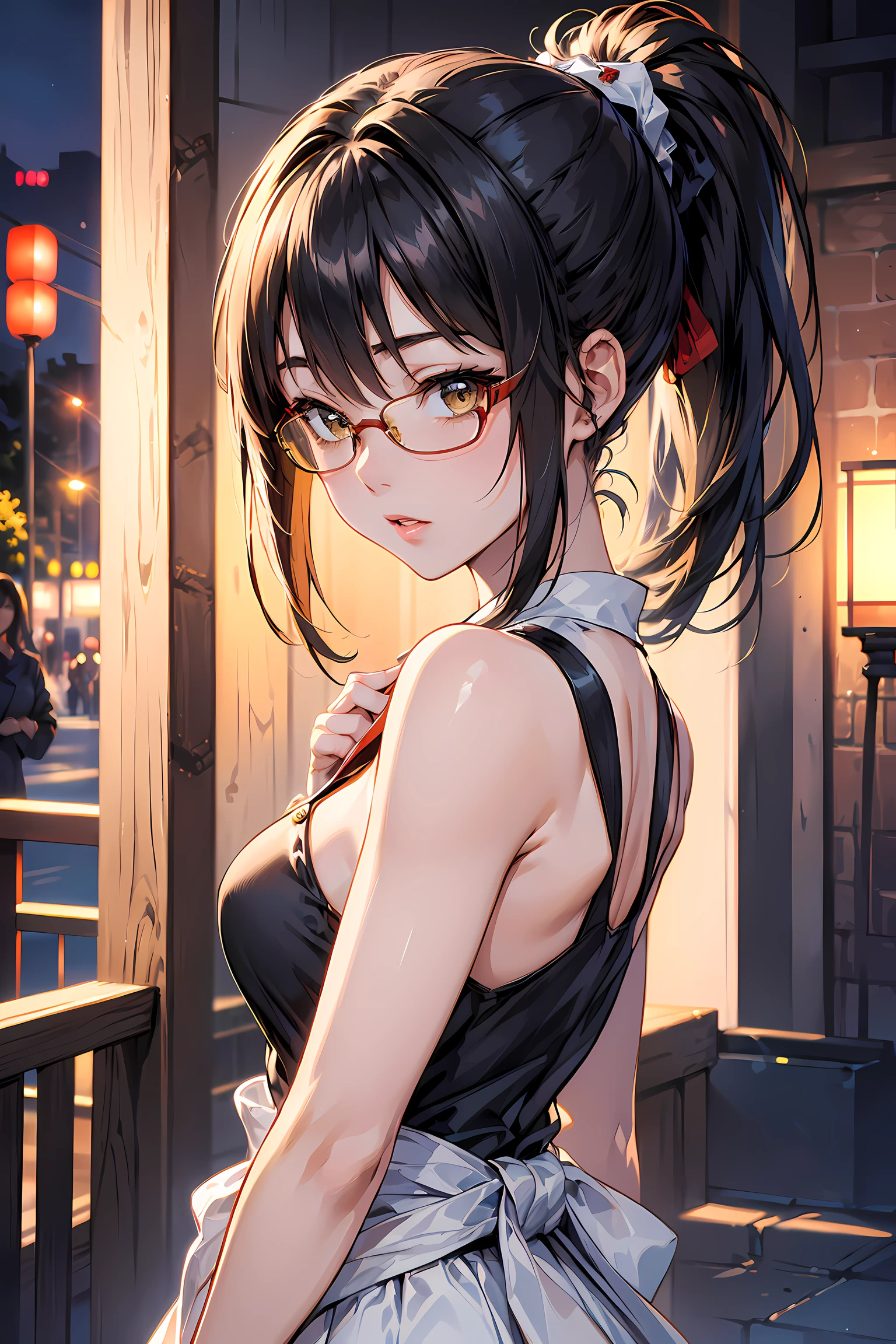 (1glasses girl:1.3, solo), (Audrey Hepburn:1.3), (a extremely pretty and beautiful Japanese woman), (sexy girl), (professional attire:1.3), (22 years old: 1.1), (walking on red carpet:1.3), (attractive random posing:1.3), (in the night royal party:1.3), (looking straight at you:1.3), (starring at you:1.3), (front view:1.3), (from side:1.3), break, (ponytail:1.3), (shiny-black thin hair:1.2), bangs, dark brown eyes, beautiful eyes, princess eyes, (big eyes:1.3), bangs, wearing a glasses:1.3, Hair between eyes, short hair:1.3, (slender:1.1), (small-medium-breasts:0.95), (thin waist: 1.15), (detailed beautiful girl: 1.4), Parted lips, Red lips, full-make-up face, (shiny skin), ((Perfect Female Body)), (upper body image:1.3), Perfect Anatomy, Perfect Proportions, (most beautiful Korean actress face:1.3, extremely cute and beautiful Japanese actress face:1.3), BREAK, (View viewer, wearing a lovely bitch cordinate, (insanely detailed yellow camisole dress:1.3), (white sleeveless top:1.3), (pin-heels:1.3), detailed clothes, BREAK, (detailed royal night party background:1.2), (dark background), (Studio soft lighting: 1.3), (fake lights: 1.3), (backlight: 1.3), BREAK, (Realistic, Photorealistic: 1.37), (Masterpiece, Best Quality: 1.2), (Ultra High Resolution: 1.2), (RAW Photo: 1.2), (Sharp Focus: 1.3), (Face Focus: 1.2), (Ultra Detailed CG Unified 8k Wallpaper: 1.2), (Beautiful Skin: 1.2), (pale Skin: 1.3), (Hyper Sharp Focus: 1.5), (Ultra Sharp Focus: 1.5), (Beautiful pretty face: 1.3), (super detailed background, detail background: 1.3), Ultra Realistic Photo, Hyper Sharp Image, Hyper Detail Image,