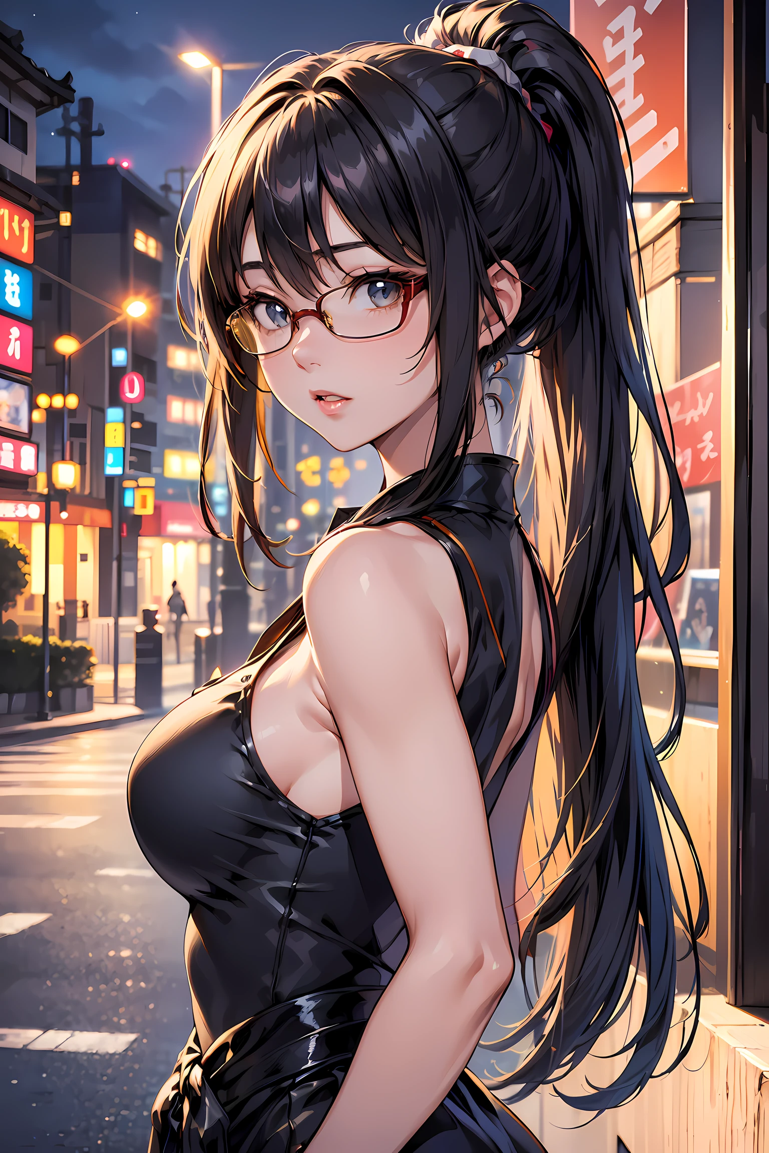 (1glasses girl:1.3, solo), (Audrey Hepburn:1.3), (a extremely pretty and beautiful Japanese woman), (sexy girl), (professional attire:1.3), (22 years old: 1.1), (walking on red carpet:1.3), (attractive random posing:1.3), (in the night royal party:1.3), (looking straight at you:1.3), (starring at you:1.3), (front view:1.3), (from side:1.3), break, (ponytail:1.3), (shiny-black thin hair:1.2), bangs, dark brown eyes, beautiful eyes, princess eyes, (big eyes:1.3), bangs, wearing a glasses:1.3, Hair between eyes, short hair:1.3, (slender:1.1), (small-medium-breasts:0.95), (thin waist: 1.15), (detailed beautiful girl: 1.4), Parted lips, Red lips, full-make-up face, (shiny skin), ((Perfect Female Body)), (upper body image:1.3), Perfect Anatomy, Perfect Proportions, (most beautiful Korean actress face:1.3, extremely cute and beautiful Japanese actress face:1.3), BREAK, (View viewer, wearing a lovely bitch cordinate, (insanely detailed yellow camisole dress:1.3), (white sleeveless top:1.3), (pin-heels:1.3), detailed clothes, BREAK, (detailed royal night party background:1.2), (dark background), (Studio soft lighting: 1.3), (fake lights: 1.3), (backlight: 1.3), BREAK, (Realistic, Photorealistic: 1.37), (Masterpiece, Best Quality: 1.2), (Ultra High Resolution: 1.2), (RAW Photo: 1.2), (Sharp Focus: 1.3), (Face Focus: 1.2), (Ultra Detailed CG Unified 8k Wallpaper: 1.2), (Beautiful Skin: 1.2), (pale Skin: 1.3), (Hyper Sharp Focus: 1.5), (Ultra Sharp Focus: 1.5), (Beautiful pretty face: 1.3), (super detailed background, detail background: 1.3), Ultra Realistic Photo, Hyper Sharp Image, Hyper Detail Image,