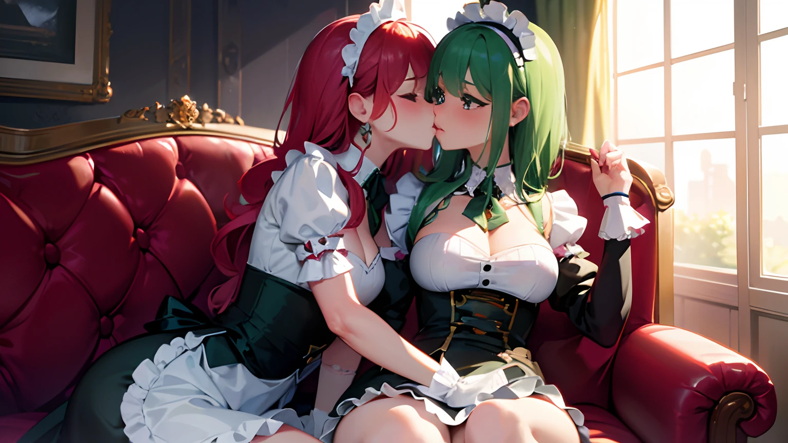 masterpiece, lots of detail, 4k, 8k, ((ultra-detailed)), highres, soft lighting, 2girls, maid outfit, couch, kissing, blush, {green hair|red hair}