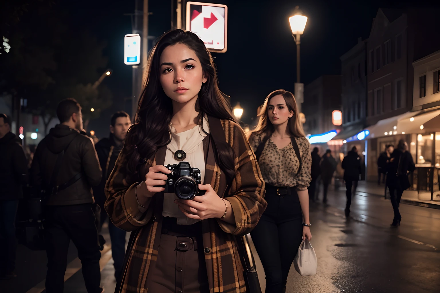 Have her holding a hyper-realistic cannon camera with long lens attached to the front