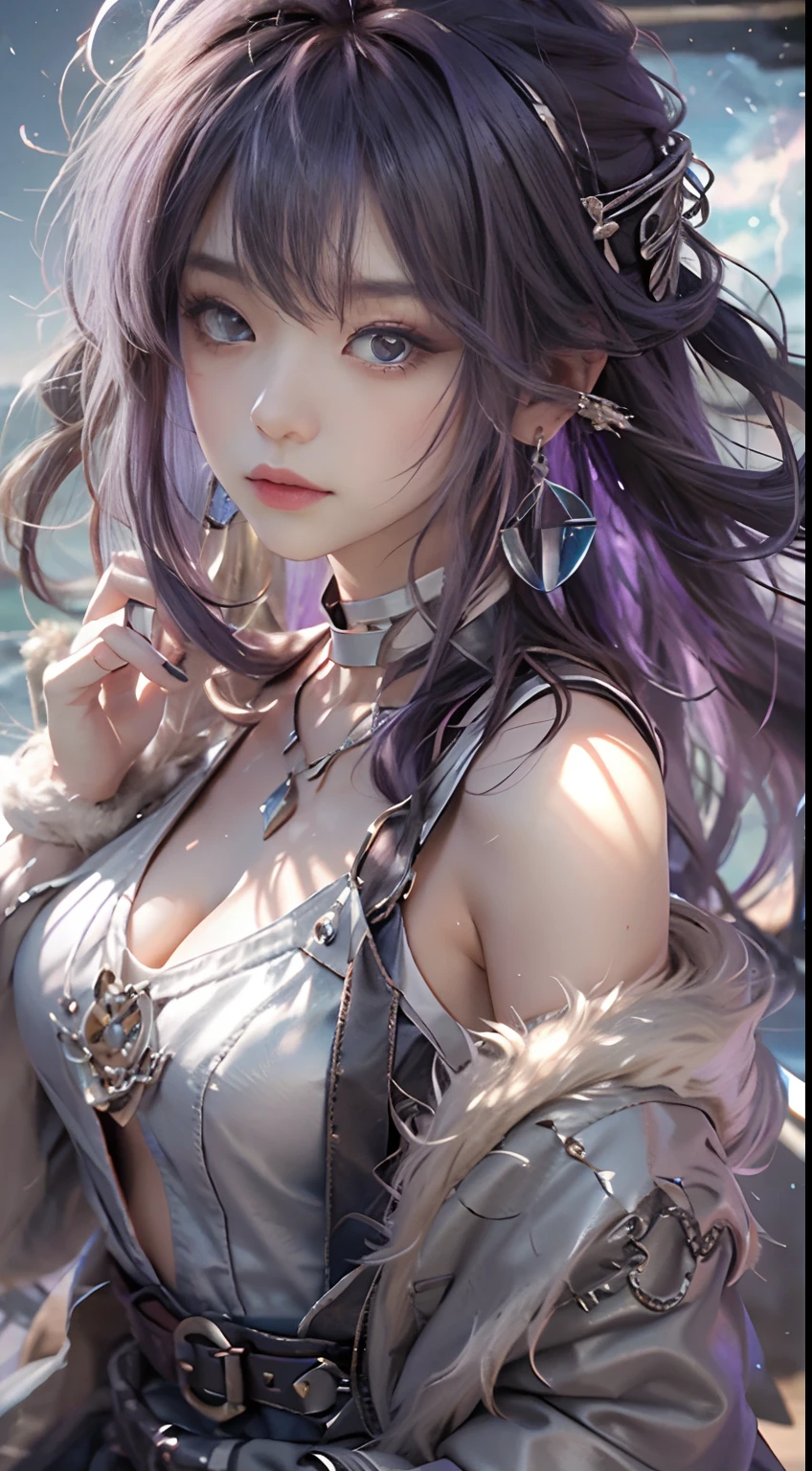 Works of masters，Higher quality，high detal，超高分辨率，8K分辨率，depth of fields，first person perspective，solo person，femele，sheik，thick eyebrow，expressiveless，Purple hair big breasts，long whitr hair，hoop earings，bangle，ear studs，choker necklace，Iron thorns，Leather skirt，fur shawl，Combat boots，Facing the viewer，eventide，The cloudy，meteor shower，plateau，canyons，Cinematic lighting，volumettic light，Dusk Law，Brilliant Sunshine Law