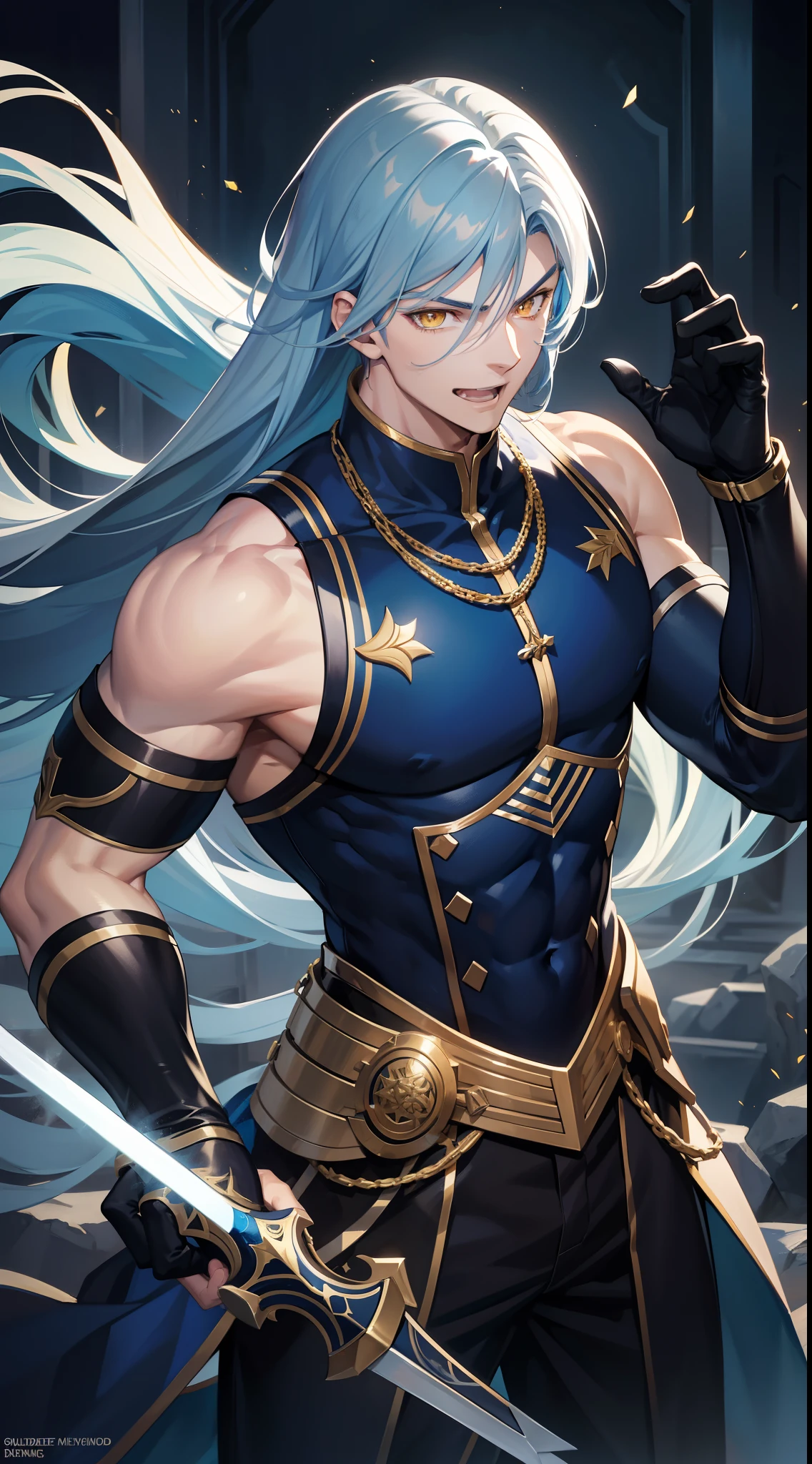 Grown-up guy, Long blue and white hair, Yellow eyes, musculature, smirk, open mouth, Black Mercenary Uniform, sword, Sleeveless, Gold Elements, Masterpiece, hiquality, higly detailed, HD, 4k