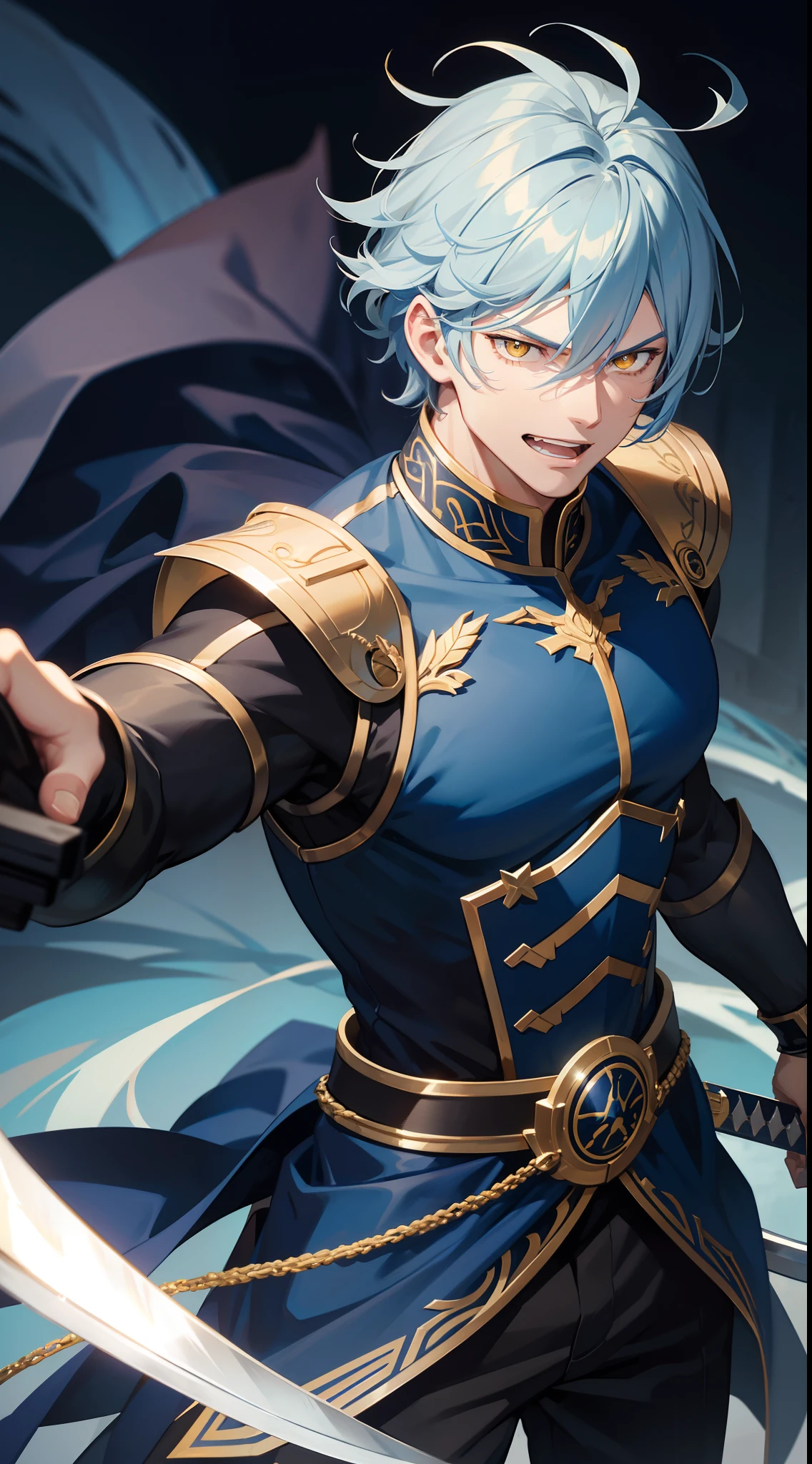 Grown-up guy, Long blue and white hair, Yellow eyes, musculature, smirk, open mouth, Black Mercenary Uniform, sword, Sleeveless, Gold Elements, Masterpiece, hiquality, higly detailed, HD, 4k