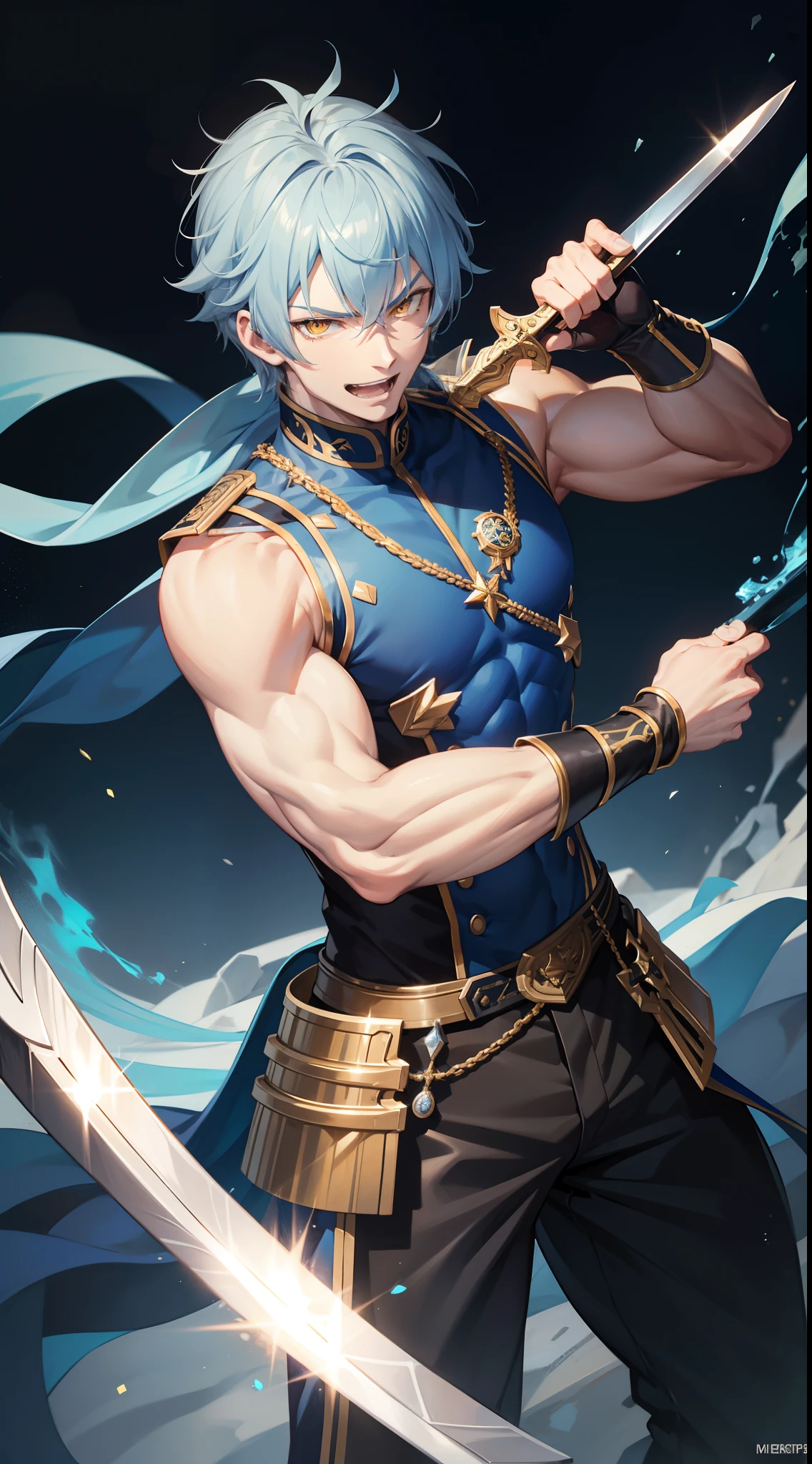 Grown-up guy, Long blue and white hair, Yellow eyes, musculature, smirk, open mouth, Black Mercenary Uniform, sword, Sleeveless, Gold Elements, Masterpiece, hiquality, higly detailed, HD, 4k