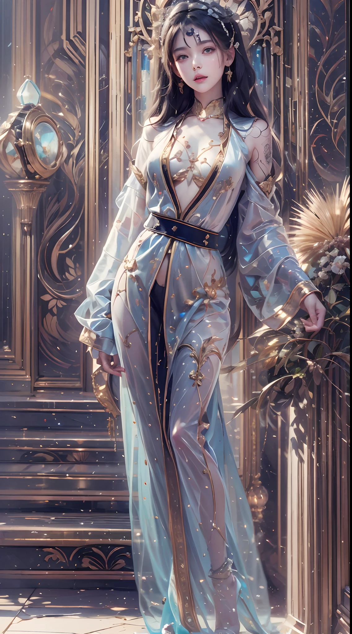 1girll,(enchanced quality:1.4),(Top quality true texture skin), Delicate face,Black hair, Gradient hair, Petite body,(perfect bodies:1.1), There are precious stones on the forehead, rimless eyewears, Sparkling pupils,long eyelasher,grin, hyper photorealism, Cinematic lighting, projected inset, surrealism, hyper HD, Masterpiece, 16k,Lie down,dream on,Wear transparent silk pajamas,Carmelto,Legs slightly open,Tattooed with,Fantasy space,Luxurious space