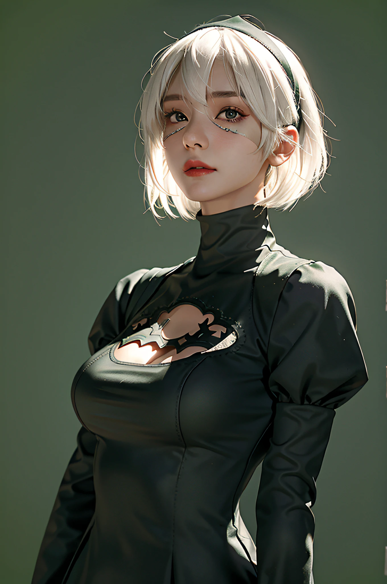 yorha no. 2 type b, 1girl, wlop, breasts, cleavage, cleavage cutout, clothing cutout, green background, hair between eyes, hairband, highres, juliet sleeves, long sleeves, nier (series), nier automata,  puffy sleeves, red lips, shaded face, short hair, solo, turtleneck, full body, white hair, sky, (nsfw:1.5), anime face