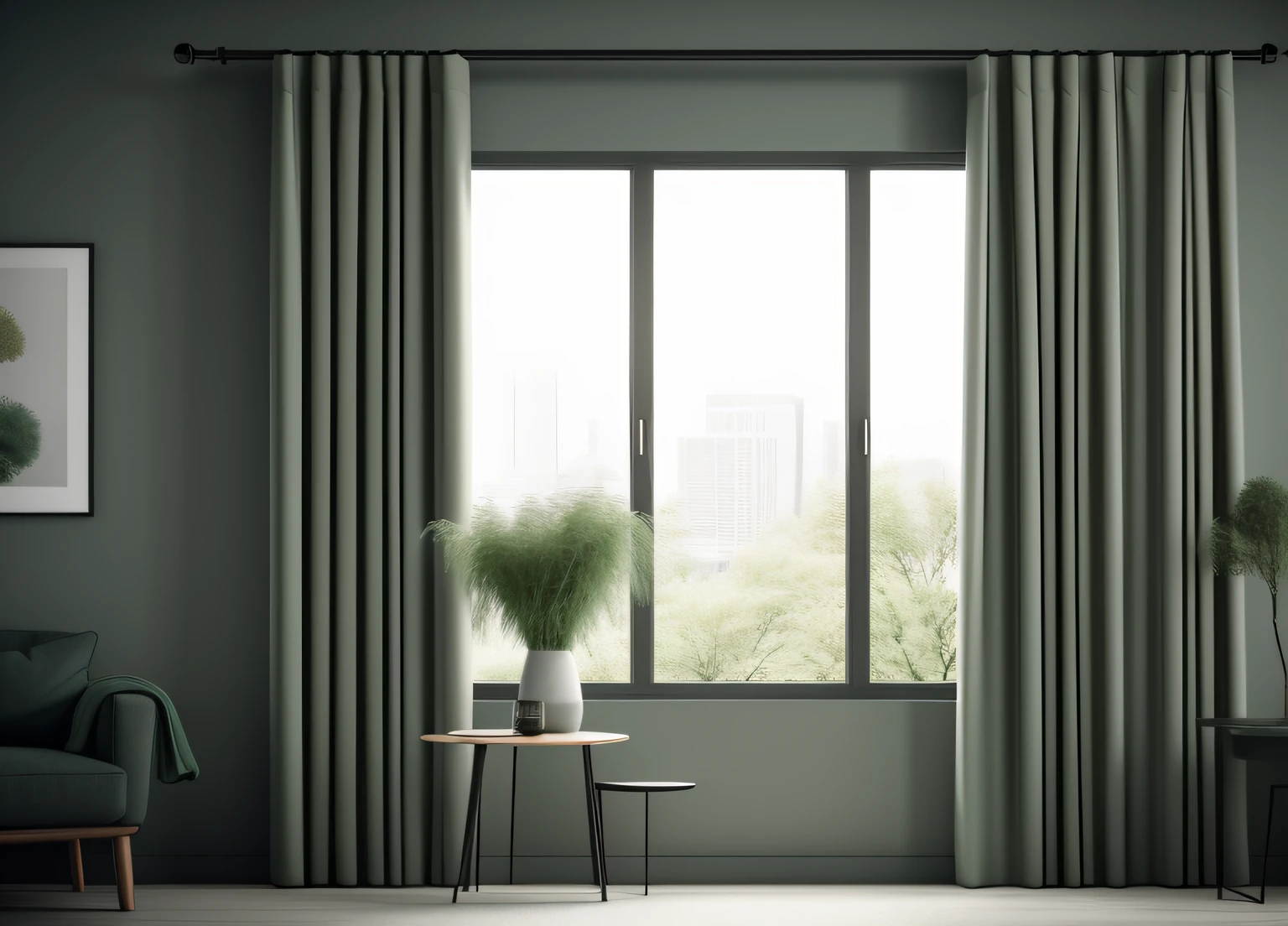 thick curtains, photo, dark green, interior, modern , (angled), (masterpiece),(high quality), best quality, real, (realistic), super detailed, (full detail),(4k),8k