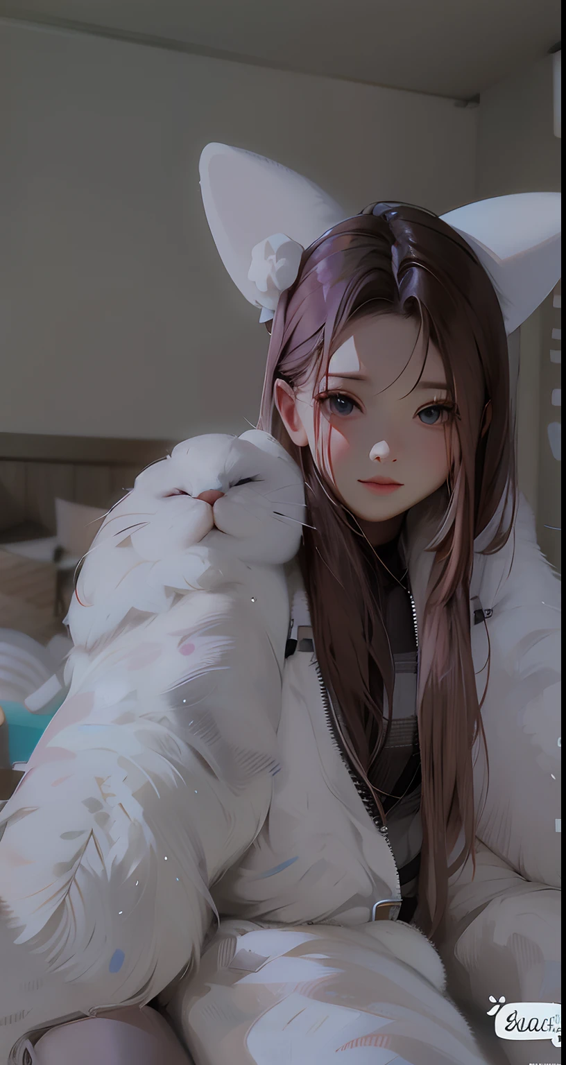 Cartoon girl,Sit and take photos at the café,White cat ears