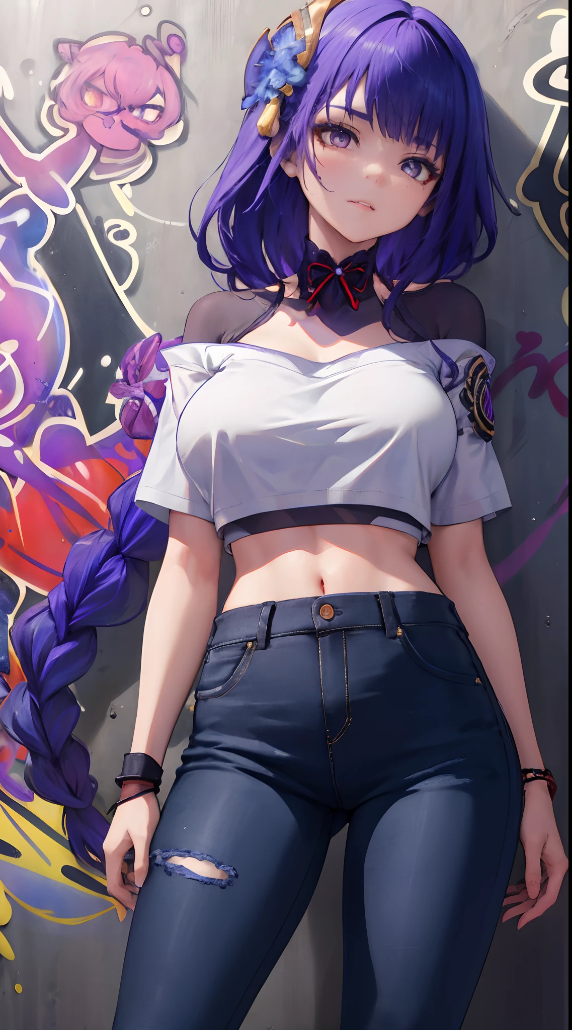 Kujou Sara Genshin Effect, masterpiece, bestquality, 1girls, bara, crop top, shorts jeans, choker, (Graffiti:1.5), color splashes, arm behind back, against wall, looking at the audience, bracelet, Thigh strap, Paint on the body................., Head tilt, bored, multicolored hair, water eyes, headset,