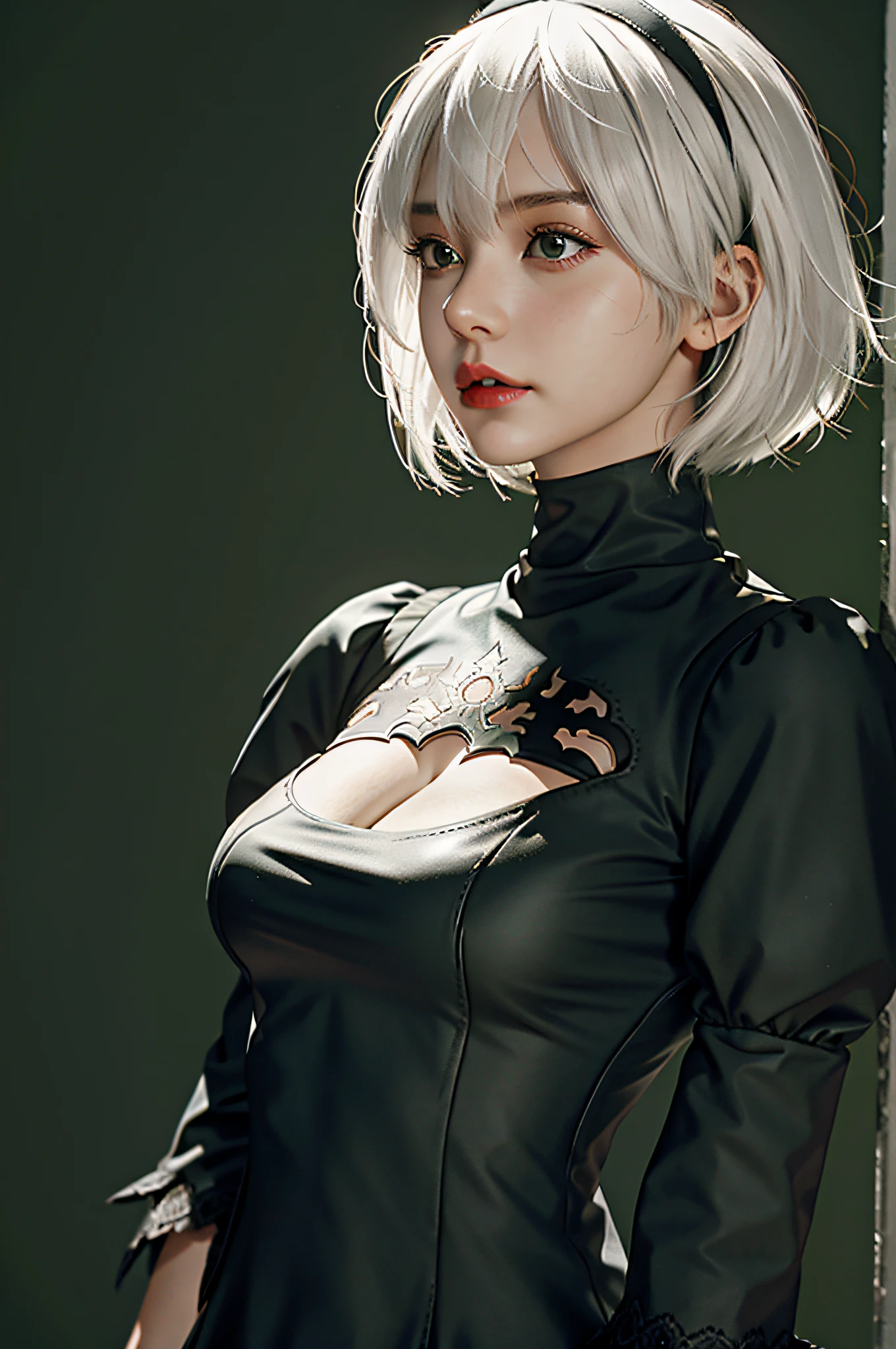 yorha no. 2 type b, 1girl, wlop, (blindfold), breasts, cleavage, cleavage cutout, clothing cutout, green background, hair between eyes, hairband, highres, juliet sleeves, long sleeves, nier (series), nier automata, puffy sleeves, red lips, shaded face, short hair, solo, turtleneck, upper body, white hair, sky
