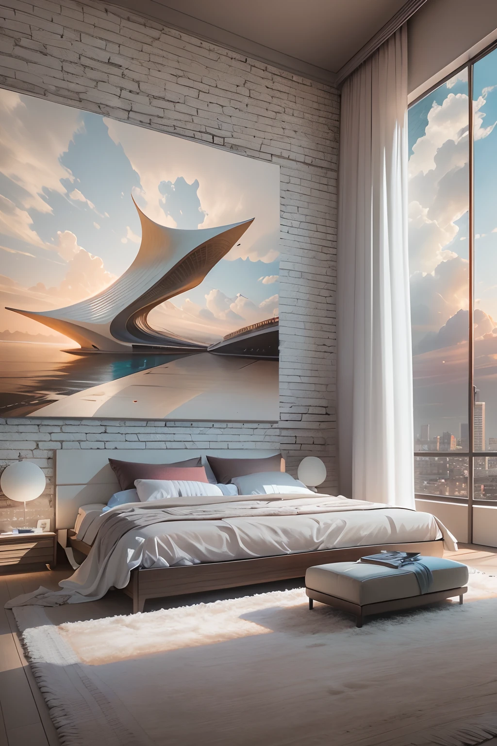 Bedrooms,There is a wall in the middle of the bedroom,The painting on the wall is in the middle, Paintings on the walls, skyscape, Large airy windows, Zaha Hadid and Santiago Calatrava landscape panoramic style, Fish, Clear light, Edge lighting, Perfect image, Building summary style, 16k UE5. superfine, 8K, hdr, Product photography, Depth of field, Nikon D850, Ultra-realistic, no contrast, clean sharp focus, professional, No blurring
